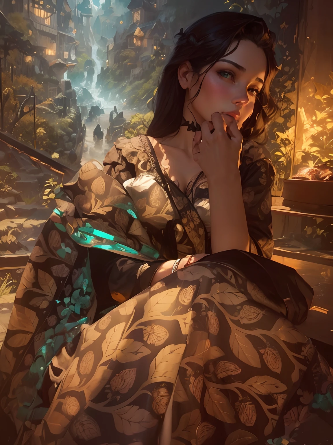 stunning masterpiece delicate and curvy young woman 20 years old, wearing British Victorian lady's clothing, pele rude, Olhando para cima, ((Sunny background of Victorian mansion)), medium straight hair dark brown, detailed perfect almond-shaped emerald green eyes, perfect sensual and full lips, resemblance to scarlett ohara, corpo inteiro, cobrir, pintura hiperdetalhada, Luminismo, bar lighting, Complexo, 4k resolution concept art portrait by Greg Rutkowski, Artgerm, WLOP, Alphonse Mucha: uma fotografia realista impressionante