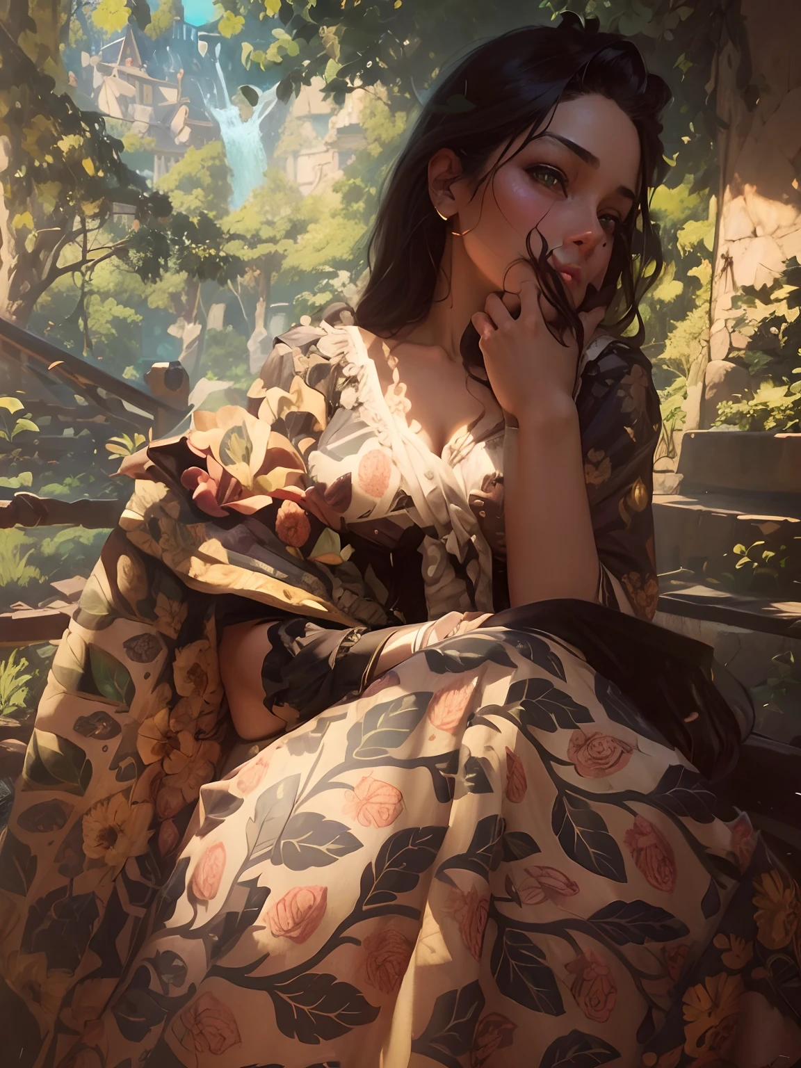stunning masterpiece delicate and curvy young woman 20 years old, wearing British Victorian lady's clothing, pele rude, Olhando para cima, ((Sunny background of Victorian mansion)), medium straight hair dark brown, detailed perfect almond-shaped emerald green eyes, perfect sensual and full lips, resemblance to scarlett ohara, corpo inteiro, cobrir, pintura hiperdetalhada, Luminismo, bar lighting, Complexo, 4k resolution concept art portrait by Greg Rutkowski, Artgerm, WLOP, Alphonse Mucha: uma fotografia realista impressionante 16 anos