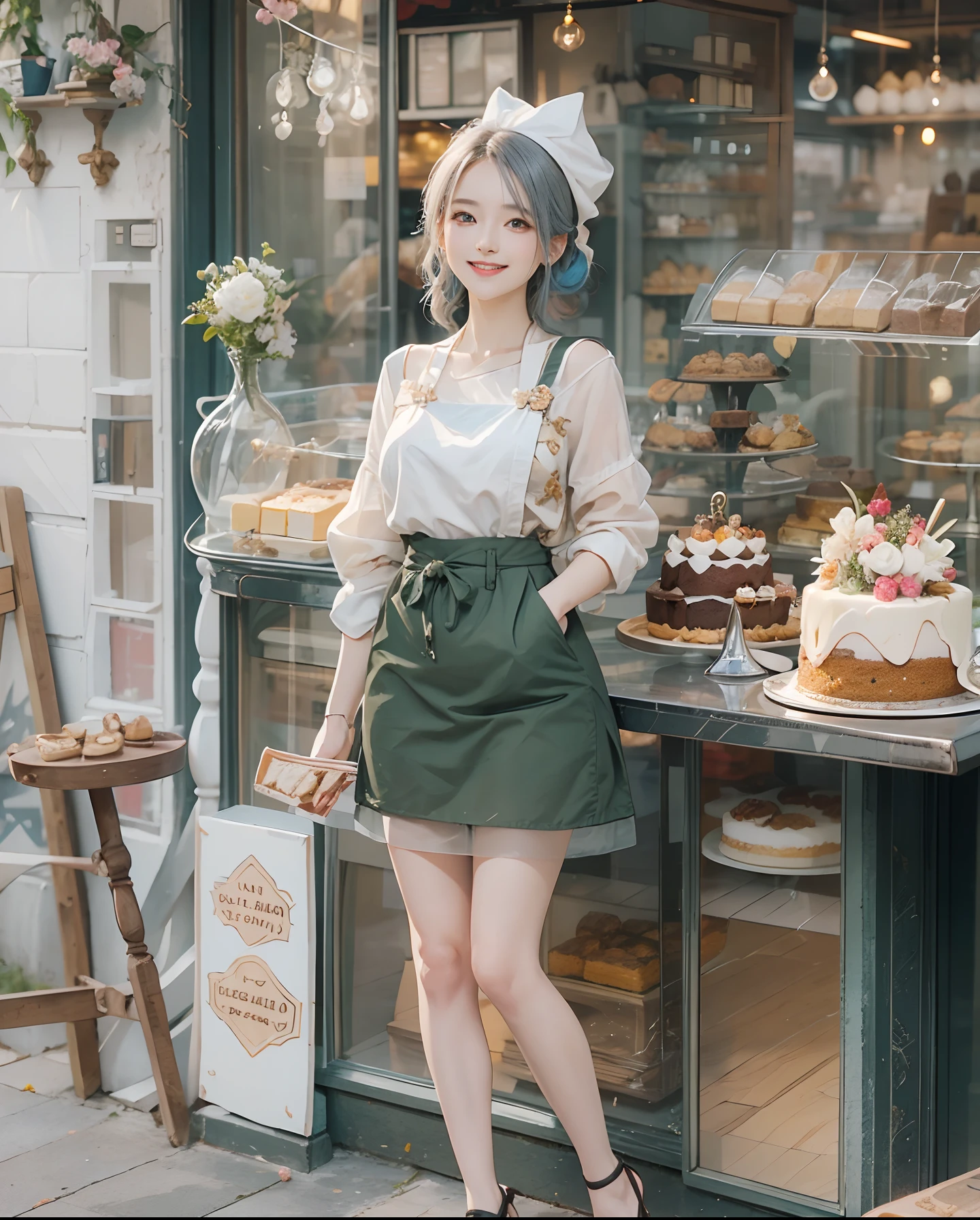 masutepiece、hight resolution、Cake shop、Cake craftsman、30-year-old girl、Smiling at the camera、Finish as shown in the photo、the skin is white and beautiful、inner colored、Hair should be tied back、A slender