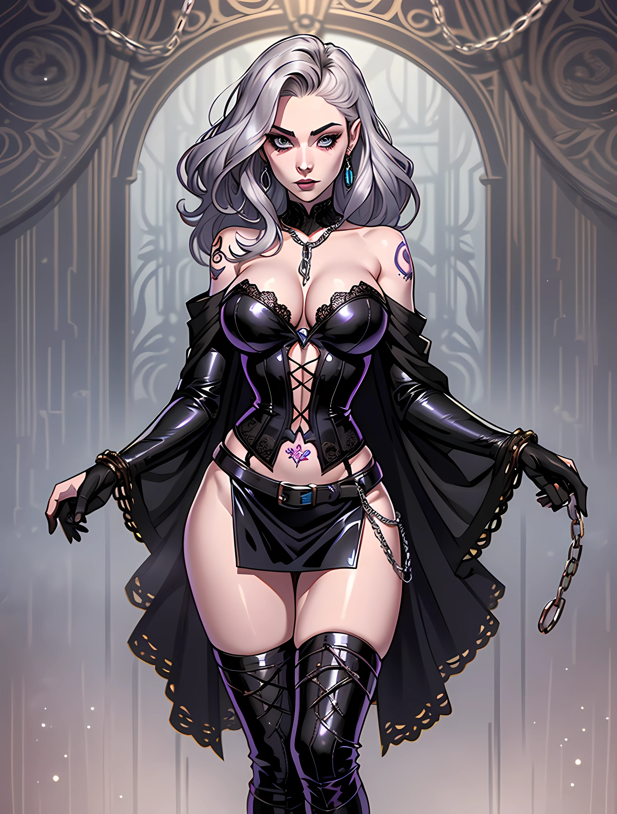 Marchioness Lilith is a striking figure with ebony-black hair that tumbles in loose waves down her back. Her eyes are a mesmerizing shade of violet, and her pale skin is flawless. A tattoo of a raven graces her left shoulder.
Costume: She favors black leather corsets and flowing skirts, adorned with silver buckles and chains. A black feathered cape gives her an imposing silhouette, and she wears knee-high, lace-up leather boots. Silver jewelry with raven motifs completes her look
