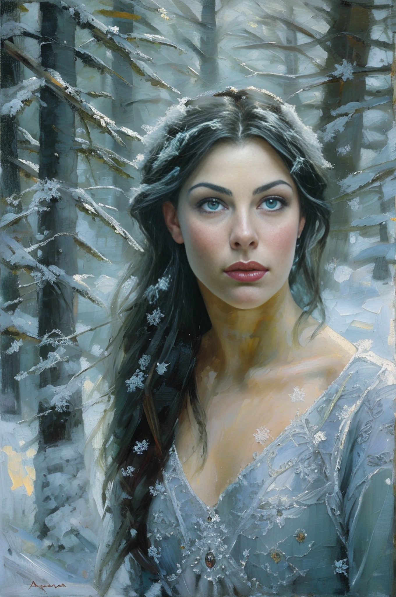 pintura do retrato de 1girl, Arwen, (Onze:0.5), (orelhas pontudas:0.3), cabelos pretos, olhos azuis, vestir, pele detalhada, fantasia, snowy nordic forest, estilo modelshoot, (CG extremamente detalhado), foto de belas obras de arte, (Antonio Moro), (Jeremy Mann), High detail, foco nítido, Dramatic, oil painting, Realistic