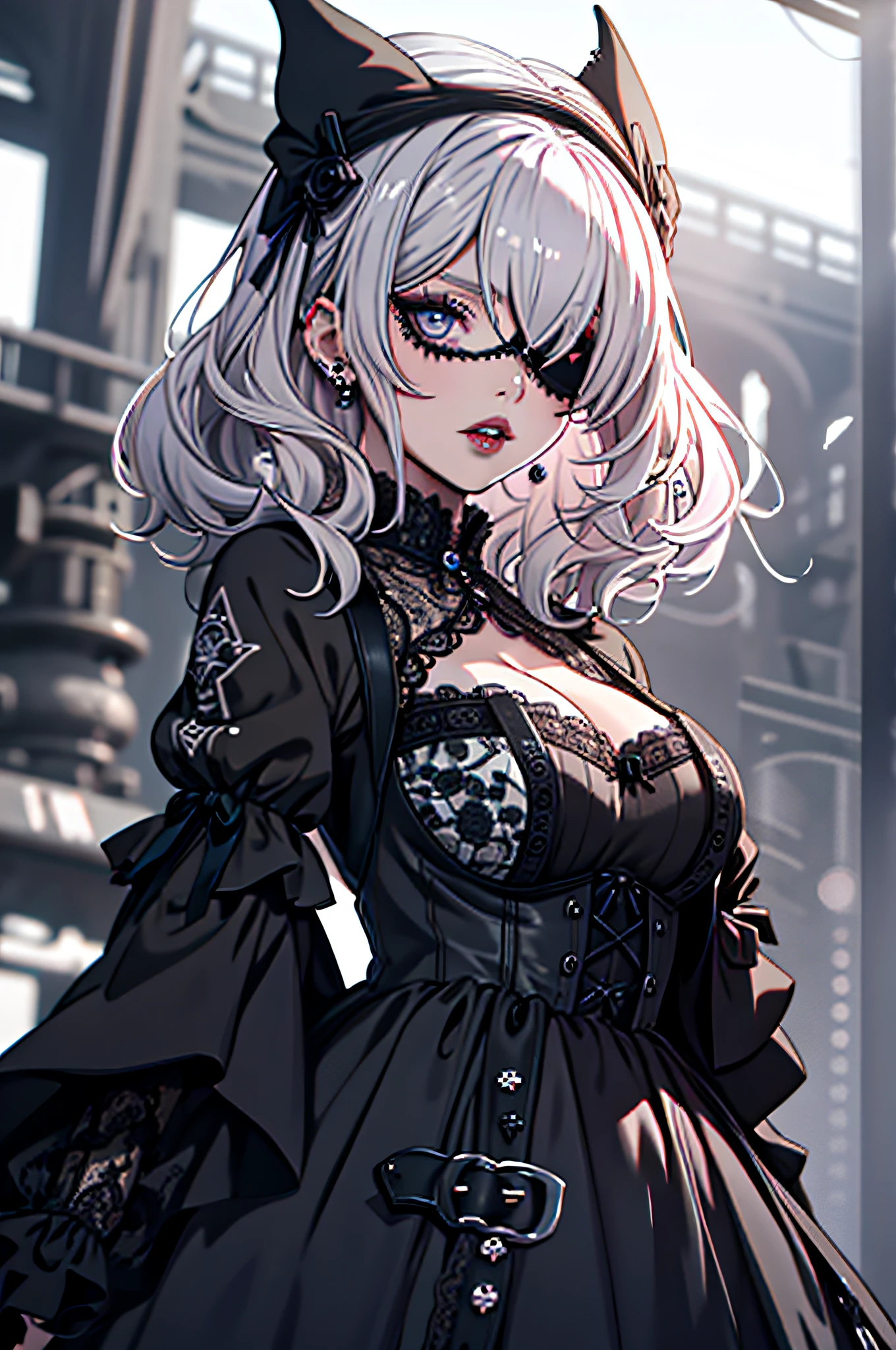 ((Masterpiece, best quality)), edgQuality,bimbo,glossy, GothGal, a woman in a black and white dress,ribbon,lace,goth print , eyepatch,woman wearing a GothGal outfit