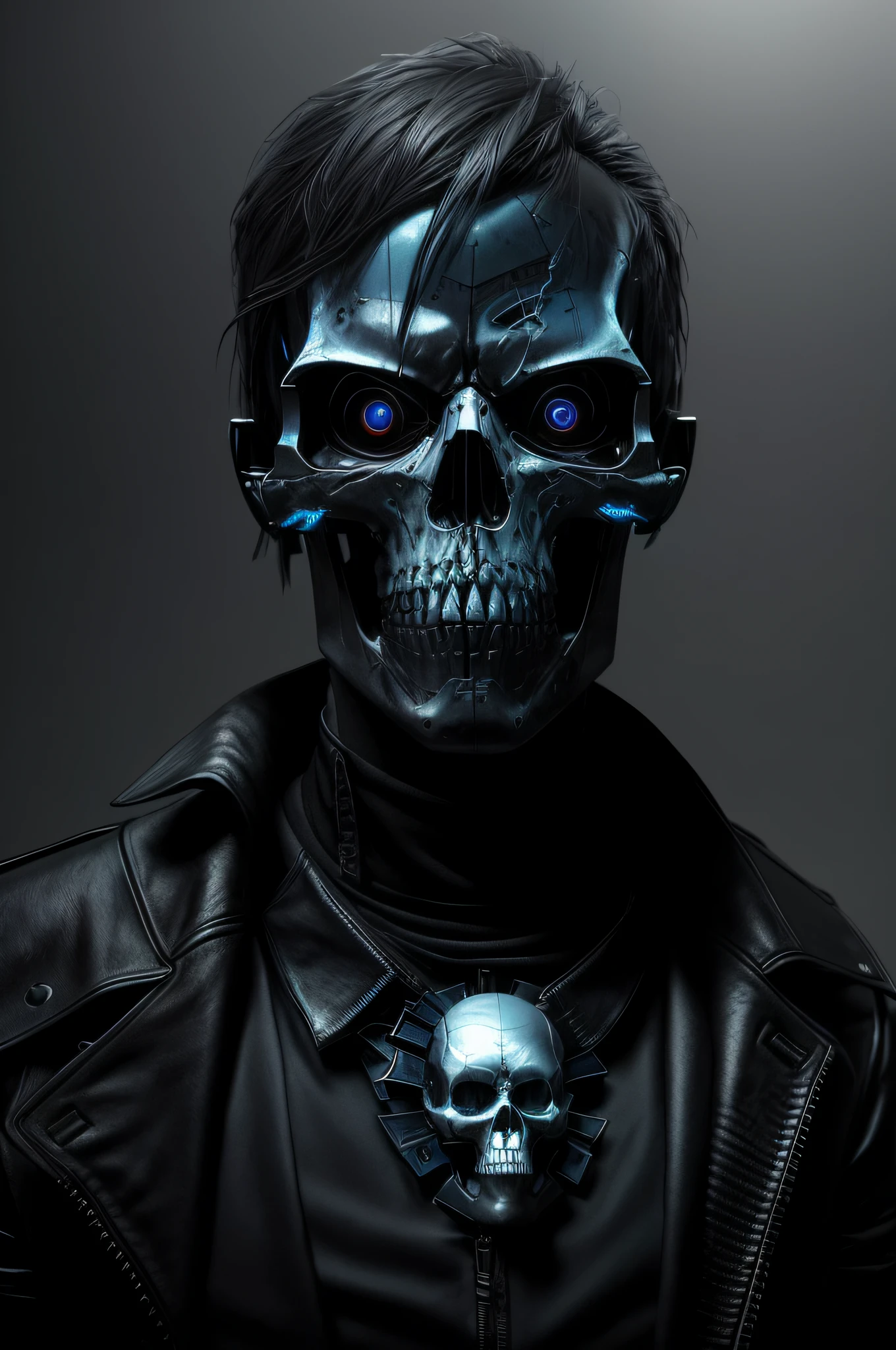 Calavera con ojos azules y una chaqueta de cuero, esqueleto cyberpunk, Arte conceptual oscuro fotorrealista, Retrato del Terminator, portrait of a cyber skeleton, Arte digital oscuro, pero detallado, Esqueleto de Terminator, Render de octanaje negro, skull as, Retrato de la Parca, Irreal 5. Retrato RPG, Arte de Terminator, skull face, 3D render character art 8 k, Dark fantasy portrait