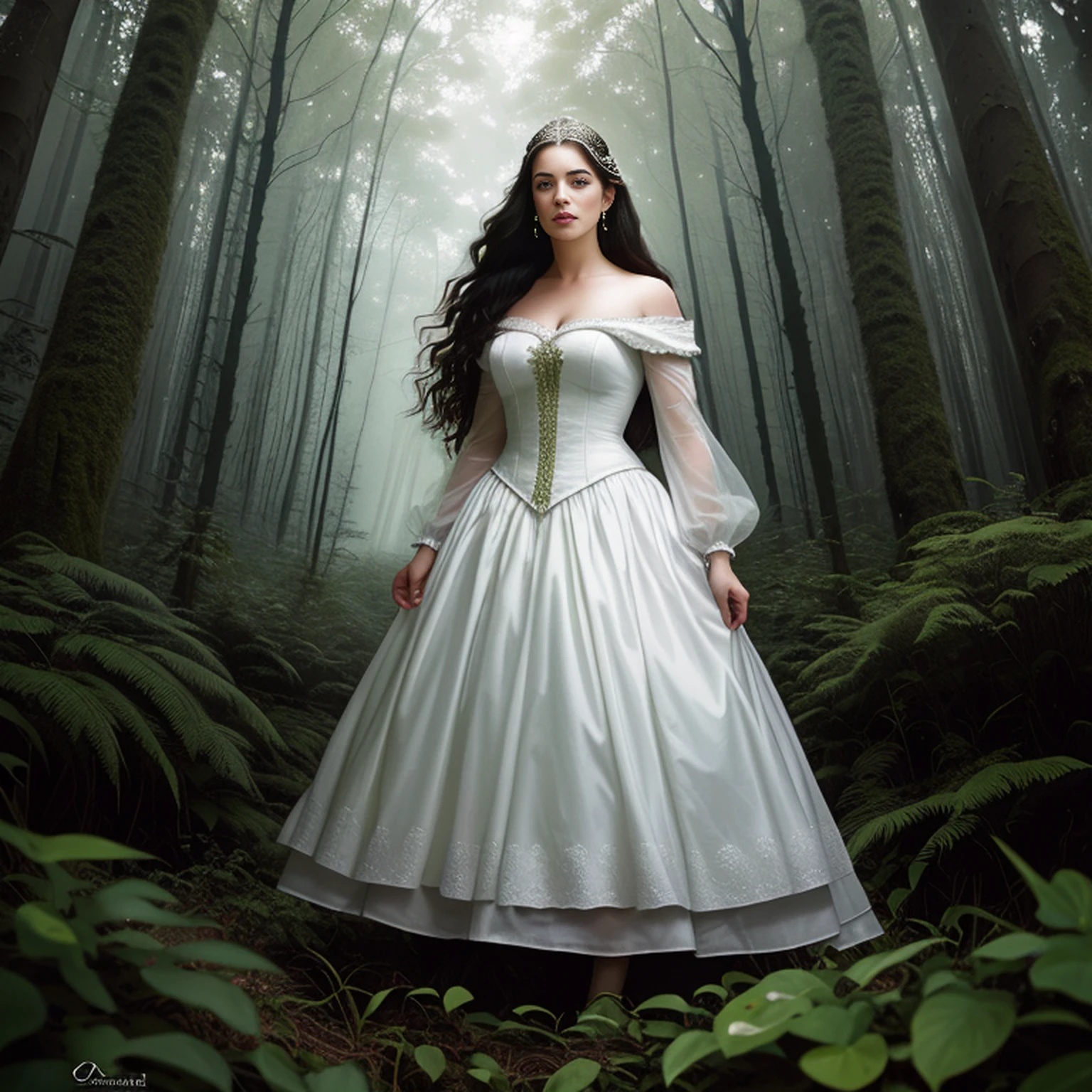 (master part, melhor qualidade, 32K HDR, ultra high-resolution, fotografia realista), pintura do retrato de 1girl, (Fotos ultrarrealistas de Arwen:1.75, retrato realista de Liv Tyler:1.75, Senhor do Anel), Rosto detalhado:1.2, textura detalhada:1.2), Onze, cabelos pretos, (vestido branco sem mangas:1.3), atmosfera de fantasia, (Standing in the deep forest:1.35), modelo estilo de tiro, (extremamente detalhes CG), seios grandes,
