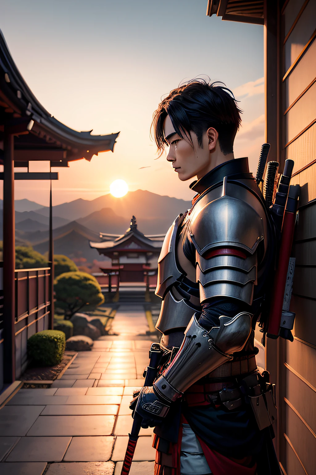 A Japanese ronin with his armor and weapons. He is in front of a traditional Japanese temple, it is the sunset in the distance, the light is soft and subdued.