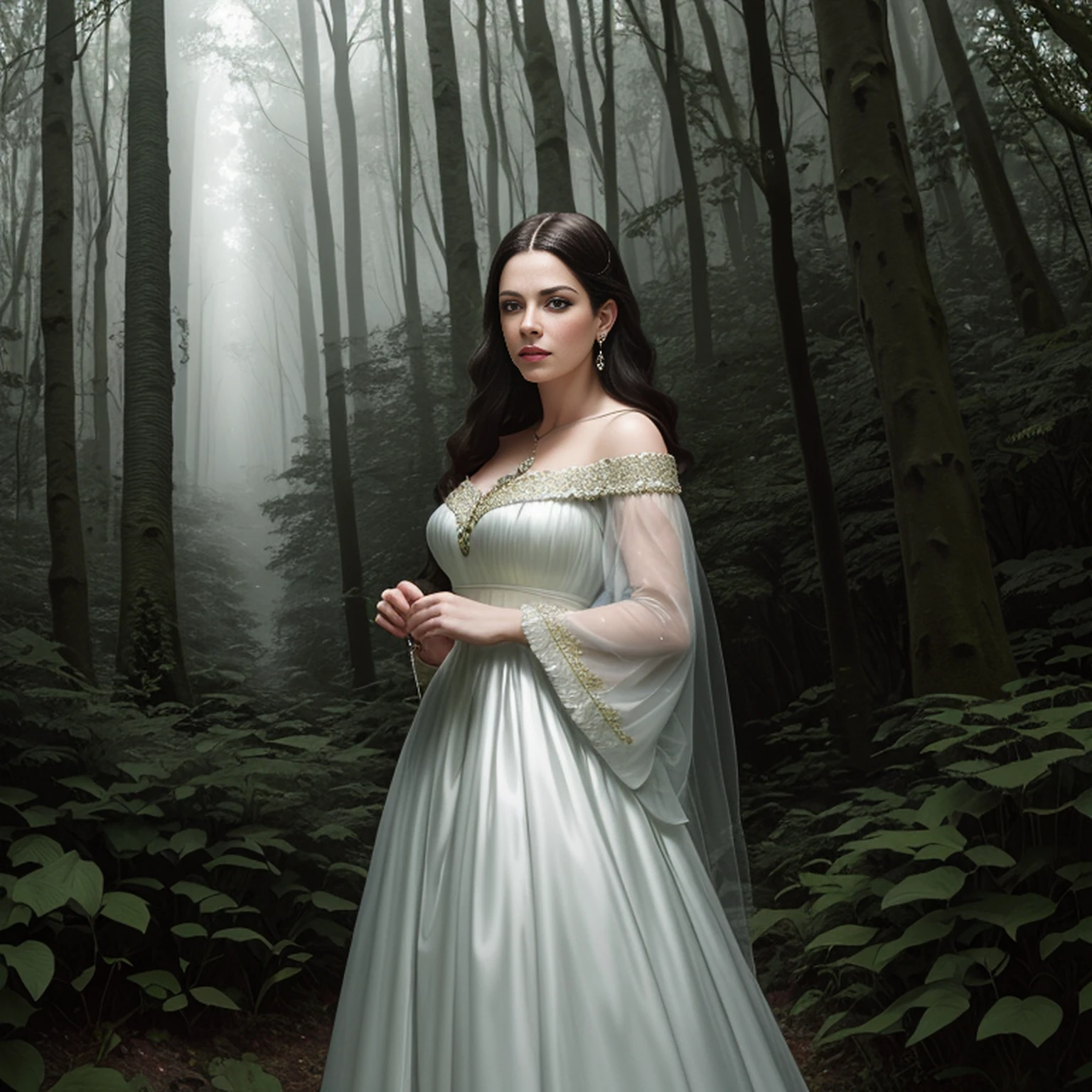(master part, melhor qualidade, 32K HDR, ultra high-resolution, fotografia realista), pintura do retrato de 1girl, (Fotos ultrarrealistas de Arwen:1.75, retrato realista de Liv Tyler:1.75, Senhor do Anel), Rosto detalhado:1.2, textura detalhada:1.2), Onze, cabelos pretos, (vestido branco sem mangas:1.3), atmosfera de fantasia, (Standing in the deep forest:1.35), modelo estilo de tiro, (extremamente detalhes CG), seios grandes,