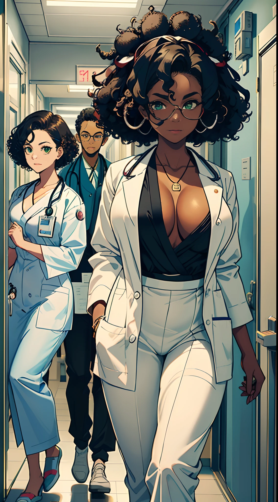 ((Masterpiece, hiquality, absurdress) 1Woman, black hair, curly hair, Afro-curly hair, Green eyes, a perfect face, the perfect body, big breastes, short stature, very dark skin, Hindu woman, 独奏, ((Best Quality)), ((Masterpiece)), (Detailed:1.4), Detailed eyes and face, white robe, Medical Uniform, Doctor's costume, medical doctor, hospital,  Emergency Physician