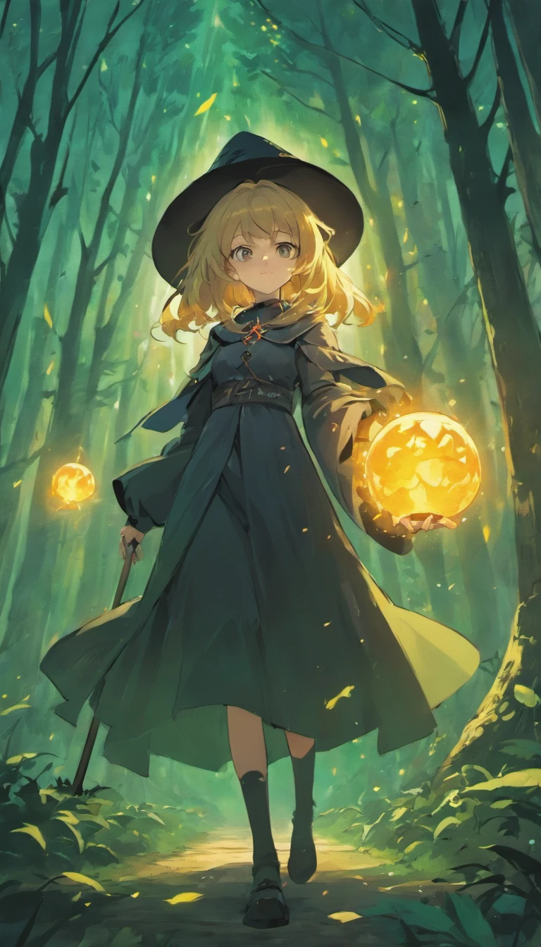 A young wizard in a witch's hat and in the forest
