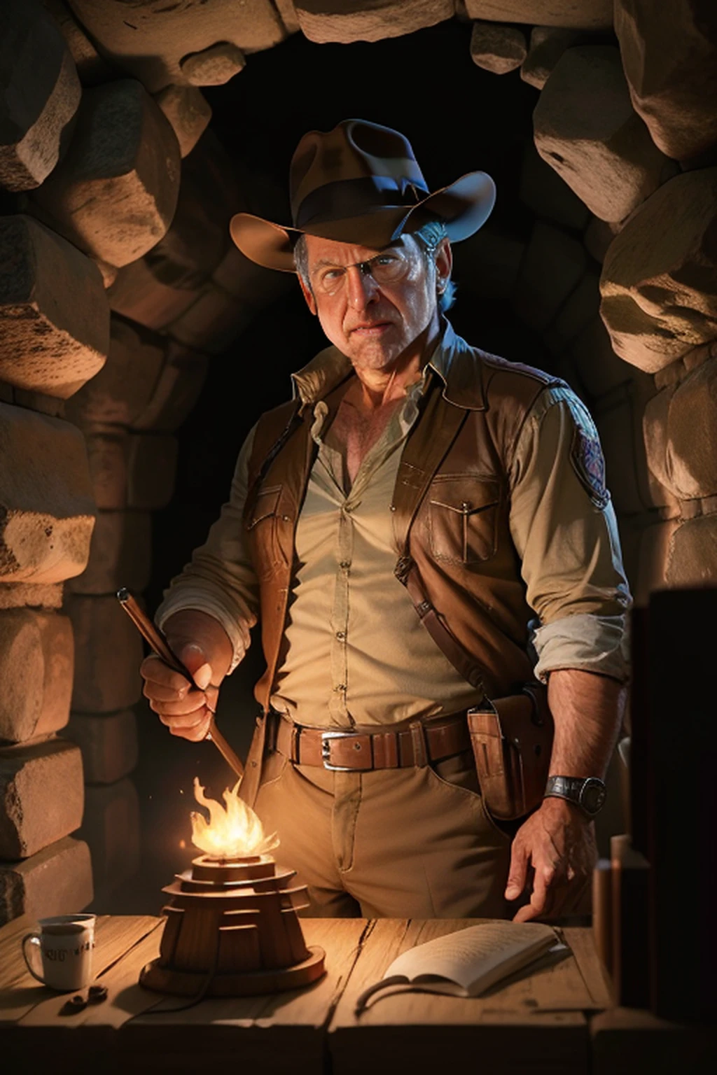 Indiana Jones, Rosto de Harrison Ford, em uma caverna , cercado de nativos, v4 , 8k , cinemactic, alta qualidade