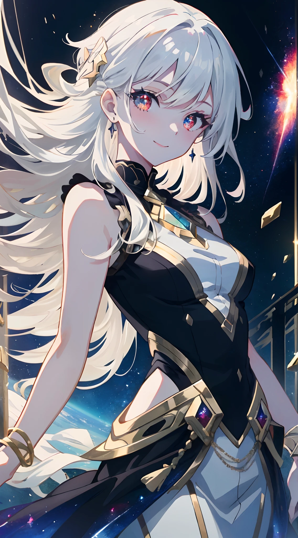 (Simple hand: 0.5) + (Detailed hand: 0.7), (Masterpiece), (Best quality), White hair, red eyes, 1 girl, pale skin, white hair, red eyes, bicolor hair, eyelashes, bracelets, jewelry, smile, sparkling skin, shiny hair, detailed and majestic stage, fantasy, long hair, 1 girl, bicolor hair, night sky, incredibly detailed CG illustration masterpiece looking at you, anime, beautiful anime eyes, beautiful detailed eyes, eyes, sparkling eyes, Different colored eyes, red eyes, blue eyes, galaxy, nebula, (whole body), (curve)