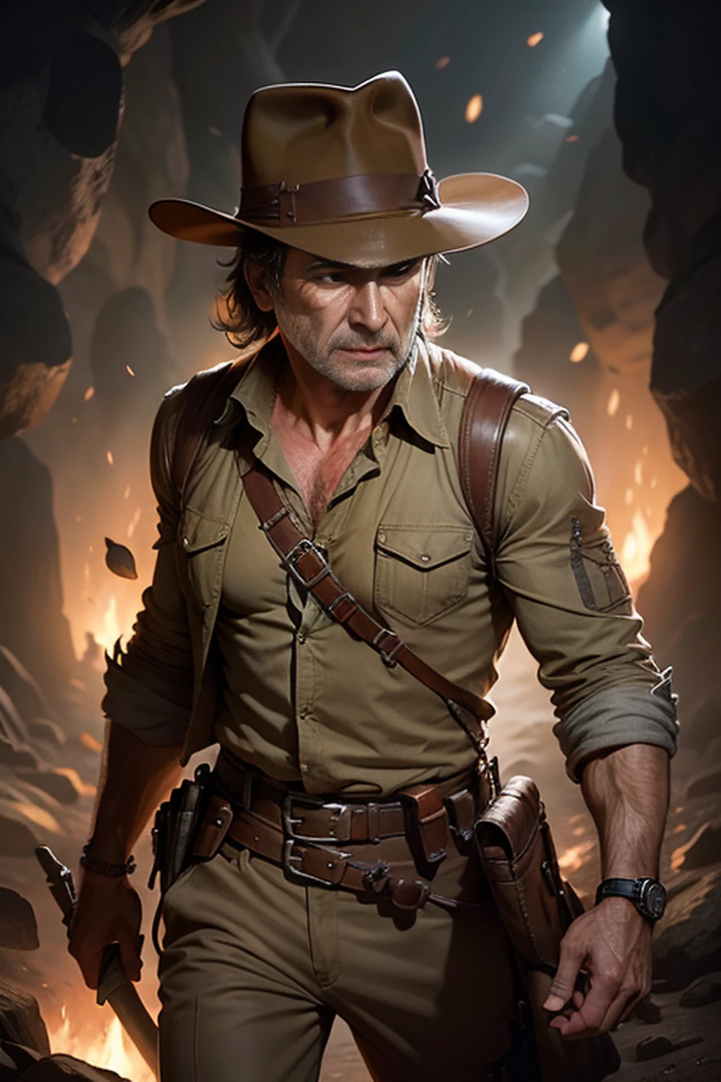 Indiana Jones, Rosto de Harrison Ford, em uma caverna , cercado de nativos, v4 , 8k , cinemactic, alta qualidade