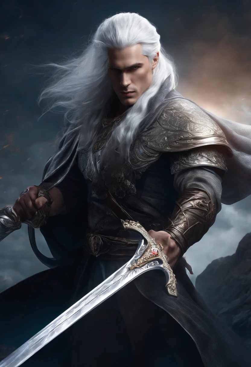 white hair, dramatic aura, male, holding a silver sword, musclular