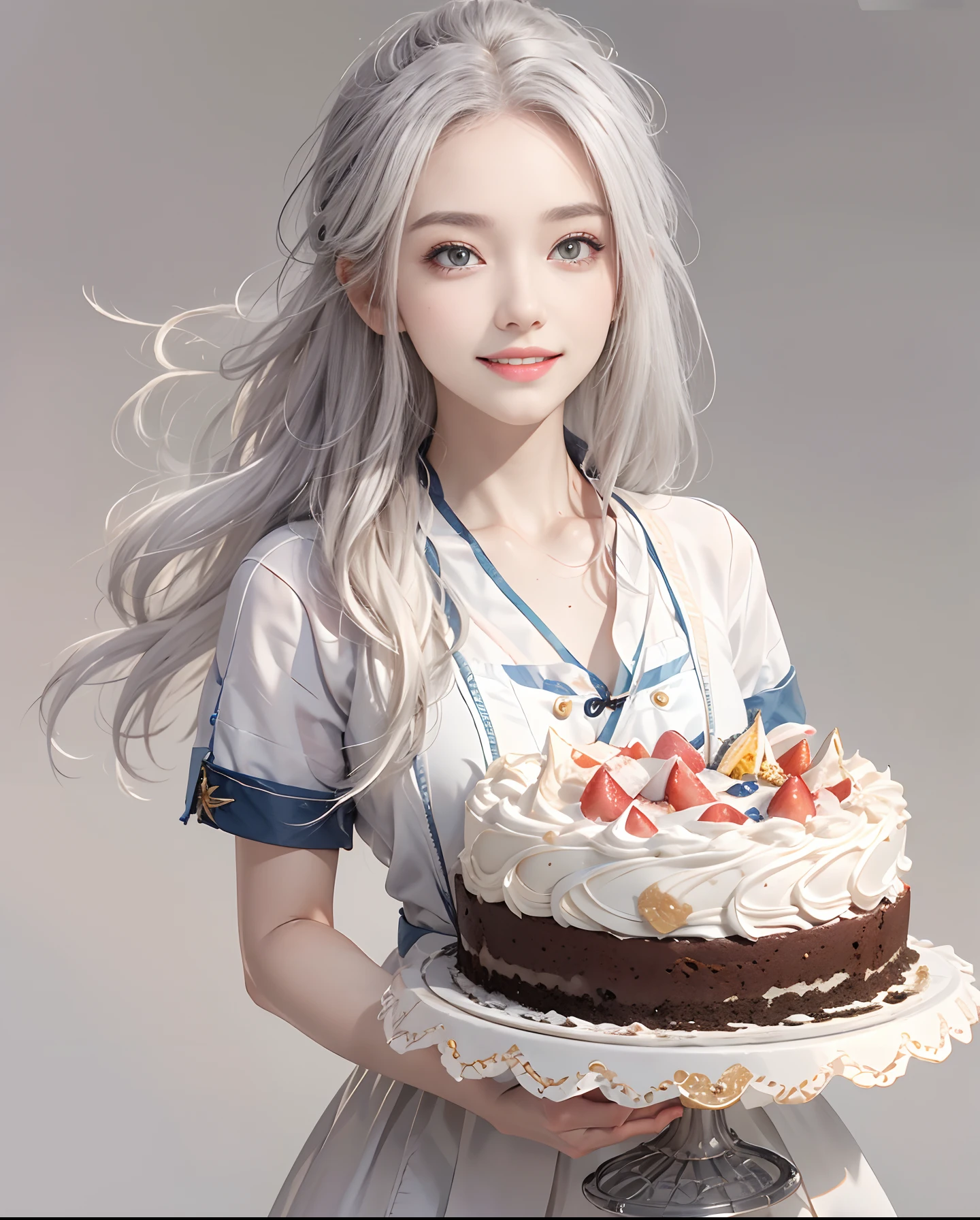 masutepiece、hight resolution、Cake craftsman、30-year-old girl、Smiling at the camera、Finish as shown in the photo、the skin is white and beautiful、inner colored、Hair should be tied back、A slender