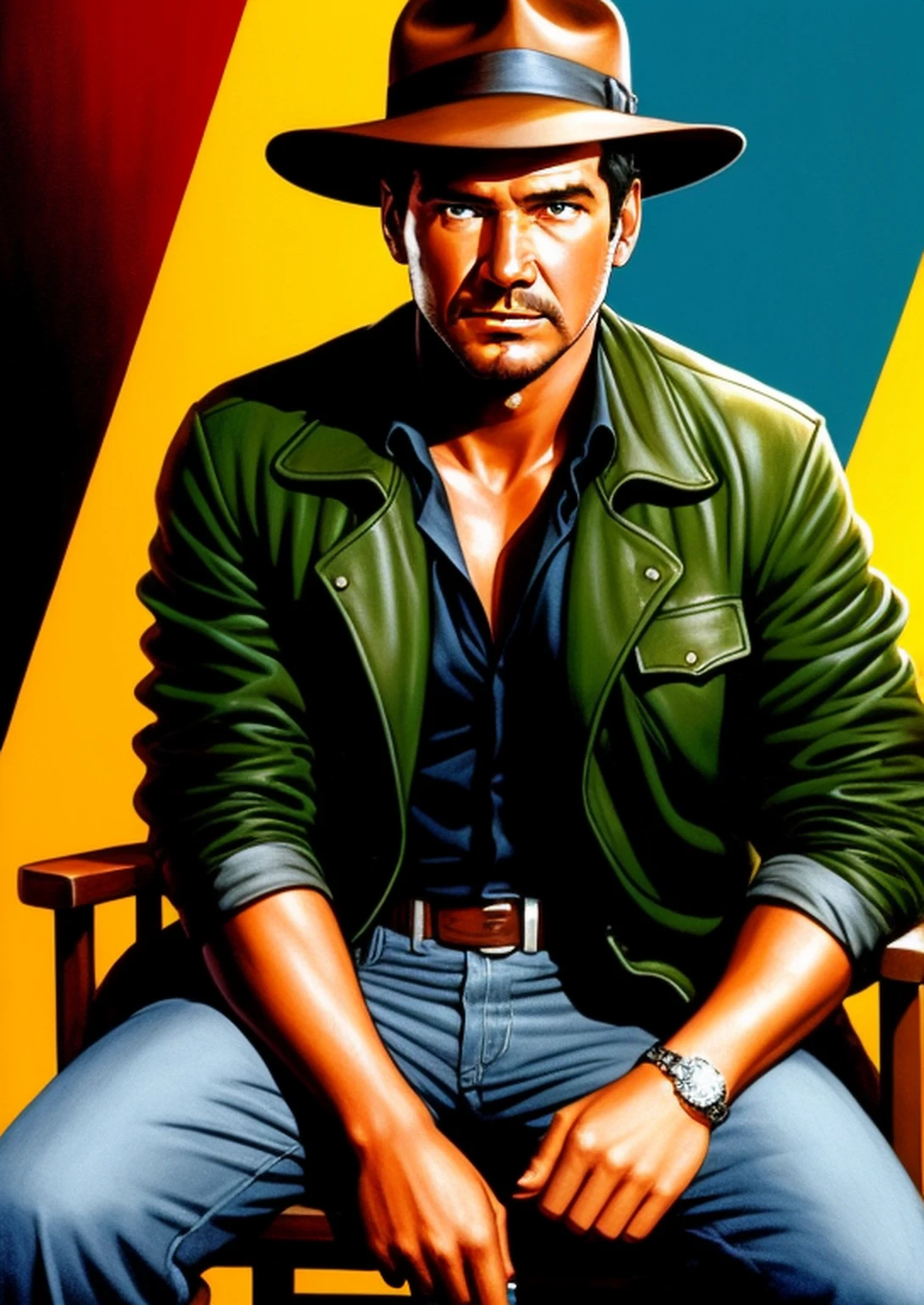 Painting of a man in a hat and jacket sitting in a chair, inspirado por Drew Struzan, arte estilo drew struzan, Indiana Jones, drew struzan inspiration, Artwork by Drew Struzan, Martin then, Retrato da obra, Directed by: Drew Struzan, harrison ford, Indiana Jones, Drew Struzan. epics, inspirado em William Mossman, inspirado em James Gurney