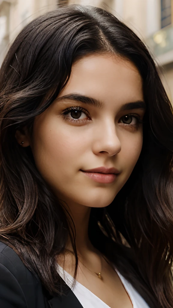 a girl in milan italy , wavy hair, dark black hair,