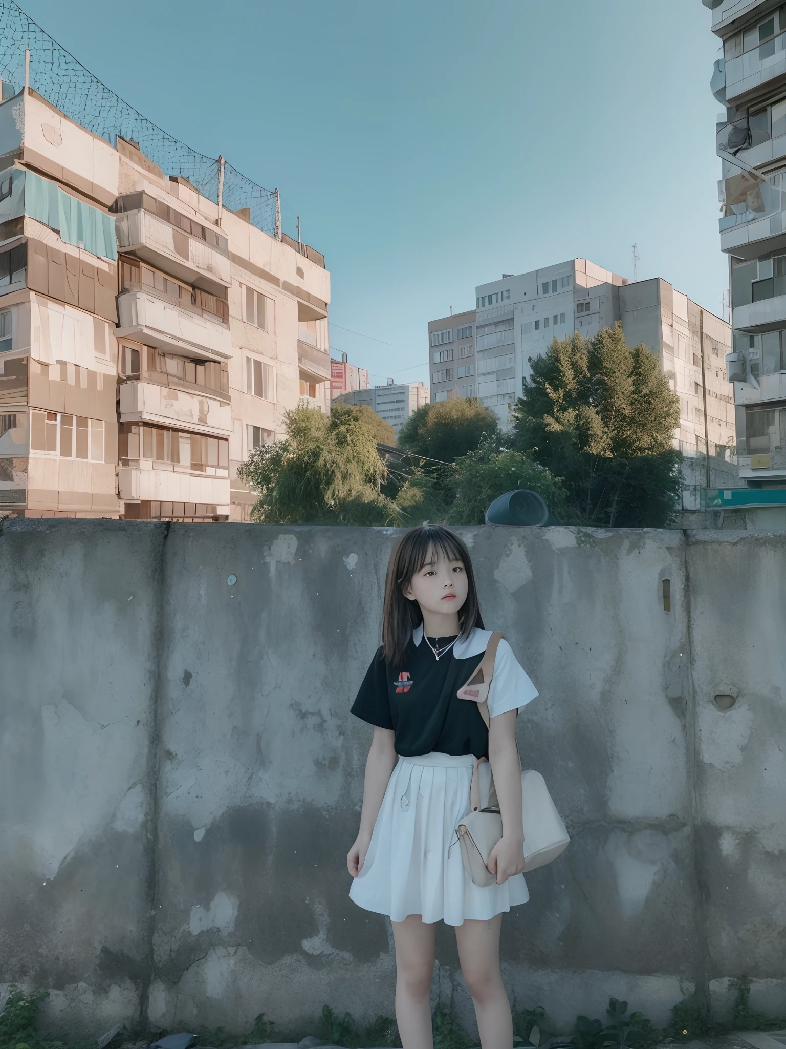 Cute teenage woman standing on the background of public apartment in Russia、Time-lapse images、Intersection of two time axes、Late summer photos、Images depicting different scenes of a teenage girl living in a Russian public housing in the summer of the 1990s and 2020s. She is seen standing, Dancing, Posing、Tempting、With mixed emotions、Randomly select multiple emotions、Sounds like fun、sadly、In love、Staring at you、Eta、Gaze beyond these situations to the sky, Each represents a blend of past and future moments. The transition between eras is mesmerizing, With a perspective intertwined in a harmonious mix of nostalgia and futurism. The scene is、It is necessary to emit optimism and scathing sentimentality, Recognizing the girl's time experience as fluid, Interconnection phenomenon