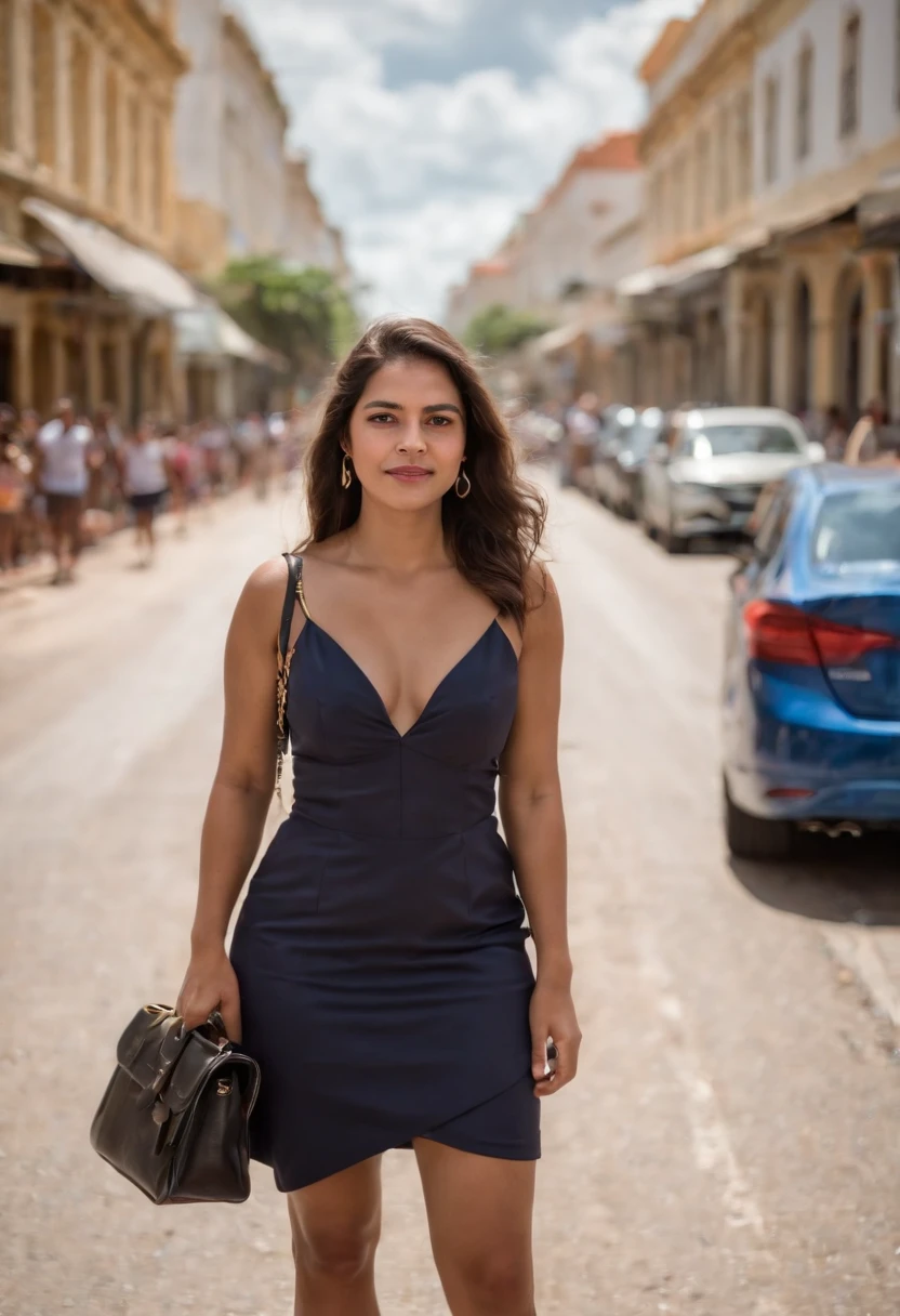 Here's a prompt for imaging of a law student standing walking the streets of Fortaleza:

Uma jovem mulher, de cerca de 25 anos, is standing on the sidewalk of a busy street in Fortaleza. She's wearing a black suit and tie., and is carrying a leather bag. she's looking down, concentrada em seus pensamentos.

The street is full of people, carros e motos. the sun is shining, and the air is full of music and noise.

The woman is about to start her first day of school at the Law School of the Federal University of Ceará. she's nervous, but also lively. She knows this is a unique opportunity for her to follow her passion for justice.

The image should capture the sense of anticipation and excitement the woman is feeling. Ela deve parecer confiante e determinada, but also a little nervous. The scenery of the busy street of Fortaleza should give a sense of realism and dynamism to the image.
