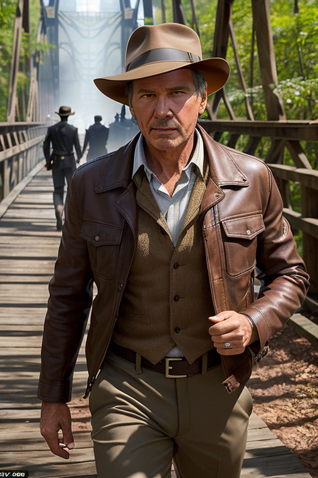 Araffe man in brown jacket and hat walking across a bridge, Harrison Ford de Indiana Jones, Indiana Jones, Eu vou Harrison, ainda de um filme live action, Filme 4k ainda, Filme 4K ainda, an epic western, ainda do filme, 8 k filme ainda, filme promocional ainda, 2017, 2 0 1 5