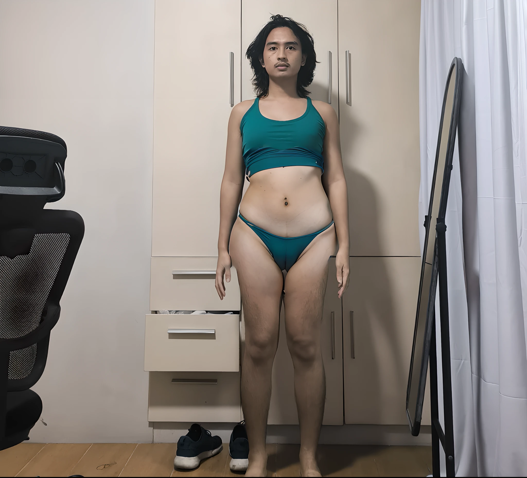 ultra detailed, RAW photo,best quality, (realistic:1.2), 16k, realistic photography, professional color graded, physically based rendering, highres, big breasts, hair wave, motel, front, (((cute sexy japanese girl, camel toe, full body, standing, thick thighs)))