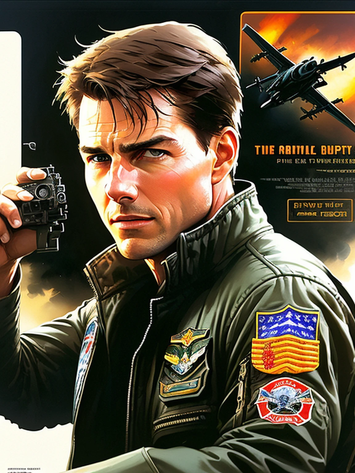 Tom Cruise of Top Gun, vhs effect, (poster: 1.2), poster on the wall, nostalgia, movie poster, (skin texture), intricately detailed, fine details, hyperdetailed, ray tracing, subsurface scattering, diffuse soft lighting, F-14 Tomcat airplanes detailed in the background, shallow depth of field, by (Oliver Wetter) majestic professional oil painting by Ed Blinkey, Atey Ghailan,  Studio Ghibli, by Jeremy Mann, Greg Manchess, Antonio Moro, trend at ArtStation, trend at CGSociety, Intricate, High Detail, Sharp focus, dramatic painting and photorealistic art of (greg rutkowski:1.4), bokeh