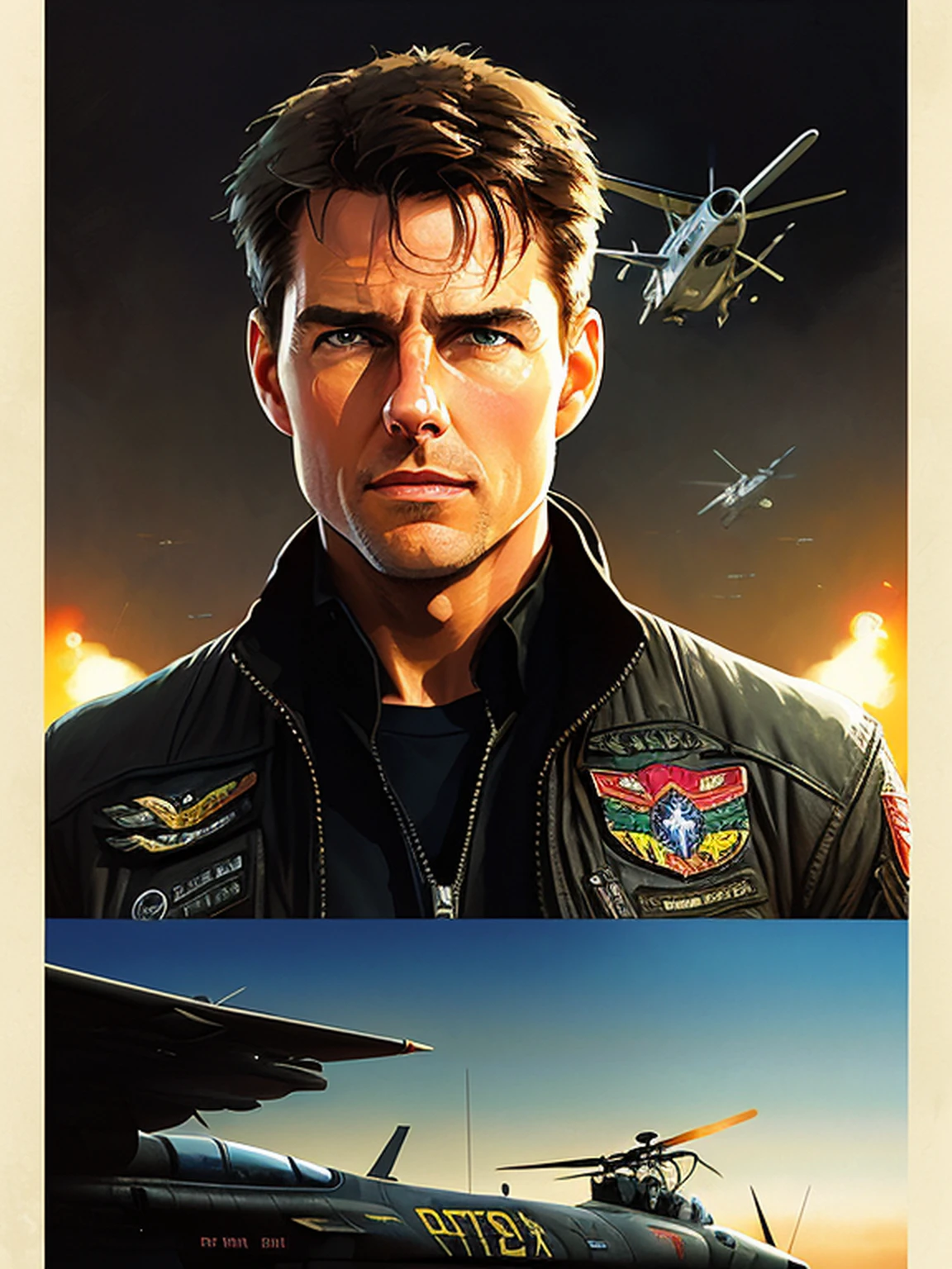 Tom Cruise of Top Gun, vhs effect, (poster: 1.2), poster on the wall, nostalgia, movie poster, (skin texture), intricately detailed, fine details, hyperdetailed, ray tracing, subsurface scattering, diffuse soft lighting, F-14 Tomcat airplanes detailed in the background, shallow depth of field, by (Oliver Wetter) majestic professional oil painting by Ed Blinkey, Atey Ghailan, Studio Ghibli, by Jeremy Mann, Greg Manchess, Antonio Moro, trend at ArtStation, trend at CGSociety, Intricate, High Detail, Sharp focus, dramatic painting and photorealistic art of (greg rutkowski:1.4), bokeh