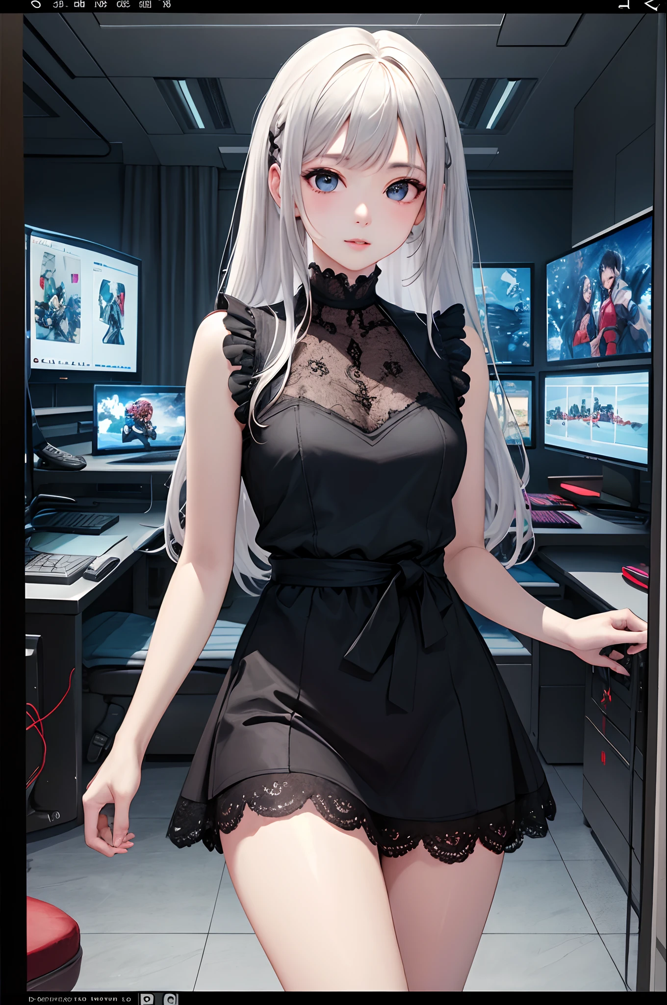 (masterpiece、top-quality:1.6)、black lace dress、cowboy shot、thighs thighs thighs thighs、beautiful a girl、white hair、Longhaire、Game room、personal computers、gaming console、looking at the viewers、small waist、Official Art、Raw foto、Incredibly ridiculous、face lights、Dynamic Lighting、电影灯光、A hyper-realistic、hight resolution、a picture、foco nítido、highestdetailed、ighly detailed、detaile、extremely detailed eye and face