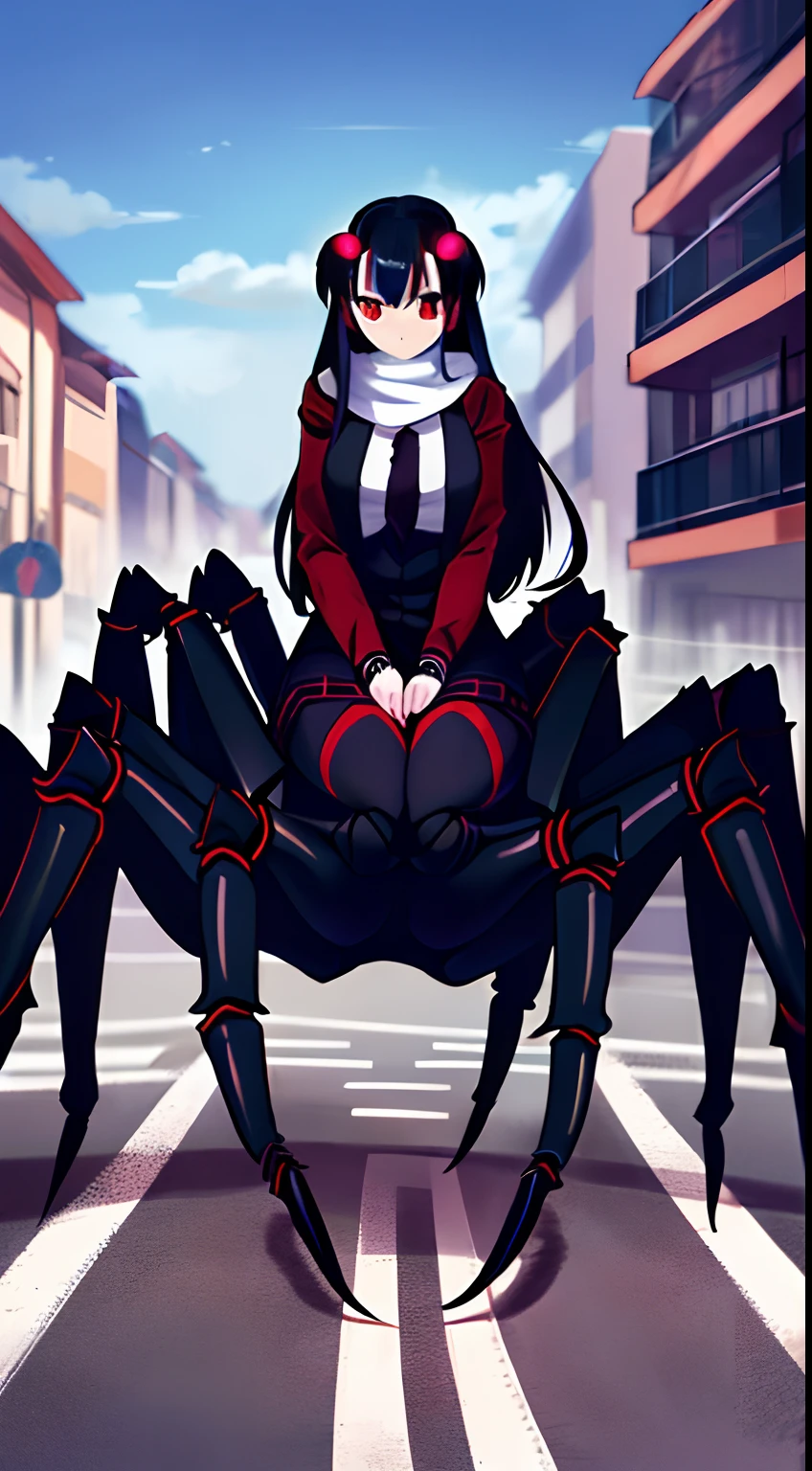 (1girl, red eyes,black hair,long hair),(black arachne,black arthropod limbs, serious),masterpiece, best quality, masterpiece,hd,4k,walking in road,white scarf