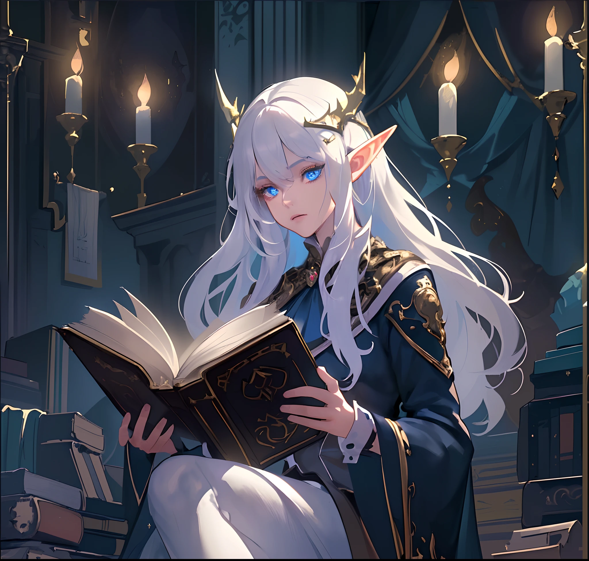 {[{{"Magnificent dark atmosphere, Being in a magical world, 4k artwork of man with white hair and glowing blue eyes, Reading a spellbook."}]}} (masterpiece, best quality, ultra-detailed, best shadow), (detailed background ,dark fantasy), (beautiful detailed face), high contrast, (best illumination, an extremely delicate and beautiful), ((cinematic light)), hyper detail, dramatic light, intricate details, (1girl female elf, elven ears, solo, white long hair, sharp face, blue eyes, full body, magic school, reading a book, dark theme, she is wearing fantasy mage simplistic clothes, looking at her book (absurd, high resolution, super detail)  ((masterpiece)) ((detailed eyes)) (masterpiece, best quality, ultra-detailed, best shadow), (detailed background ,bright background), (beautiful detailed face), high contrast, (best illumination, an extremely delicate and beautiful), ((cinematic light)), colorful, hyper detail, dramatic light, intricate details