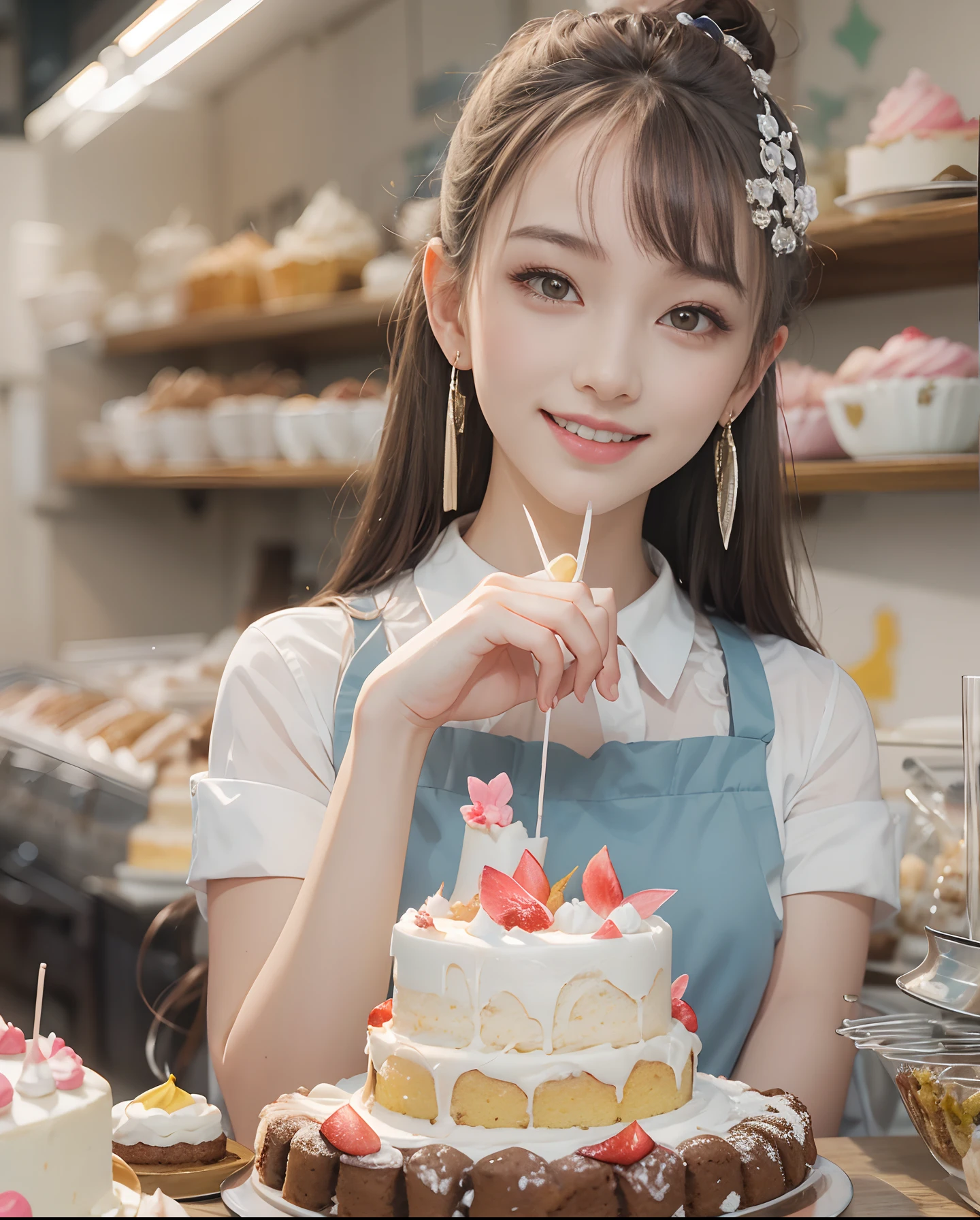 masutepiece、hight resolution、Cake shop、Cake craftsman、30-year-old girl、Smiling at the camera、Finish as shown in the photo、the skin is white and beautiful、inner colored、Hair should be tied back、A slender、Paws are thin and beautiful、Cake earrings、