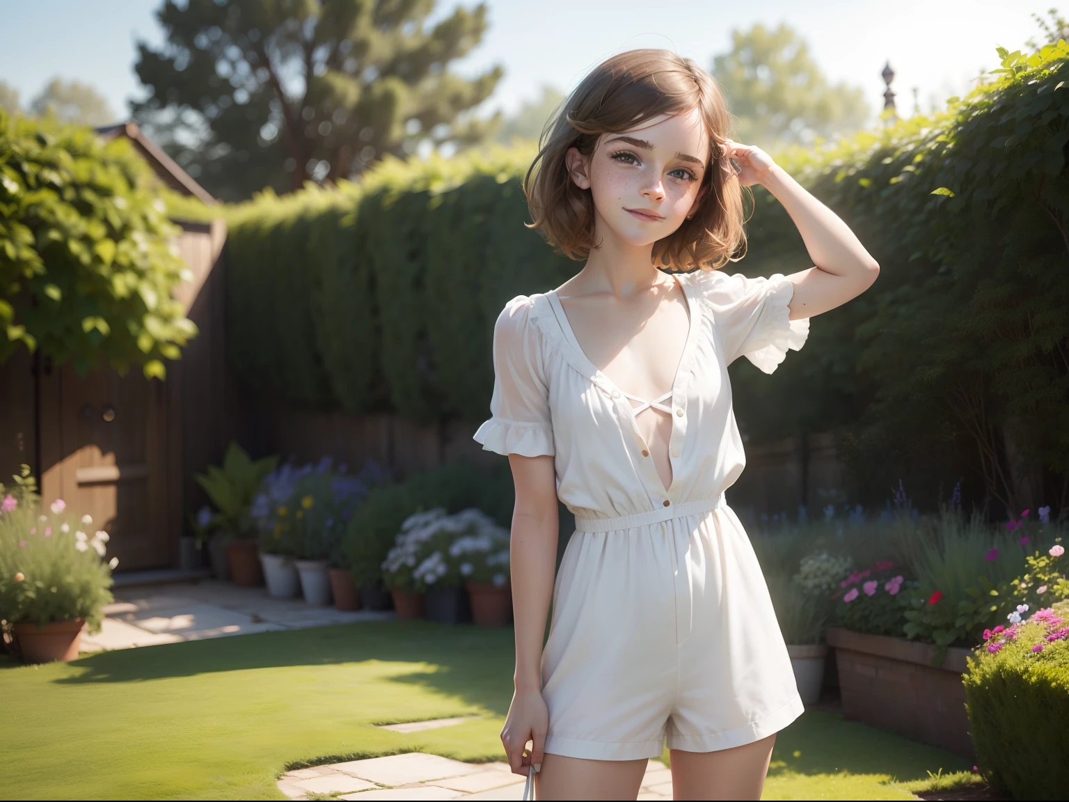 ten Emma Watson wearing a playsuit in the garden, small bust, small chest, cute smile