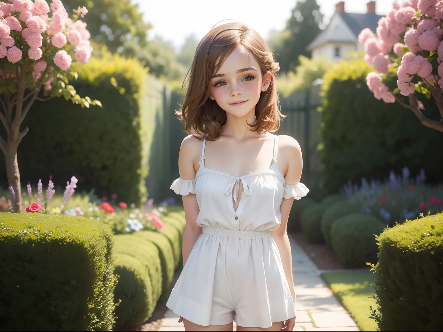 tween Emma Watson wearing a white strapless playsuit in the garden, small bust, small chest, cute smile, white head accessories, white bracelet.