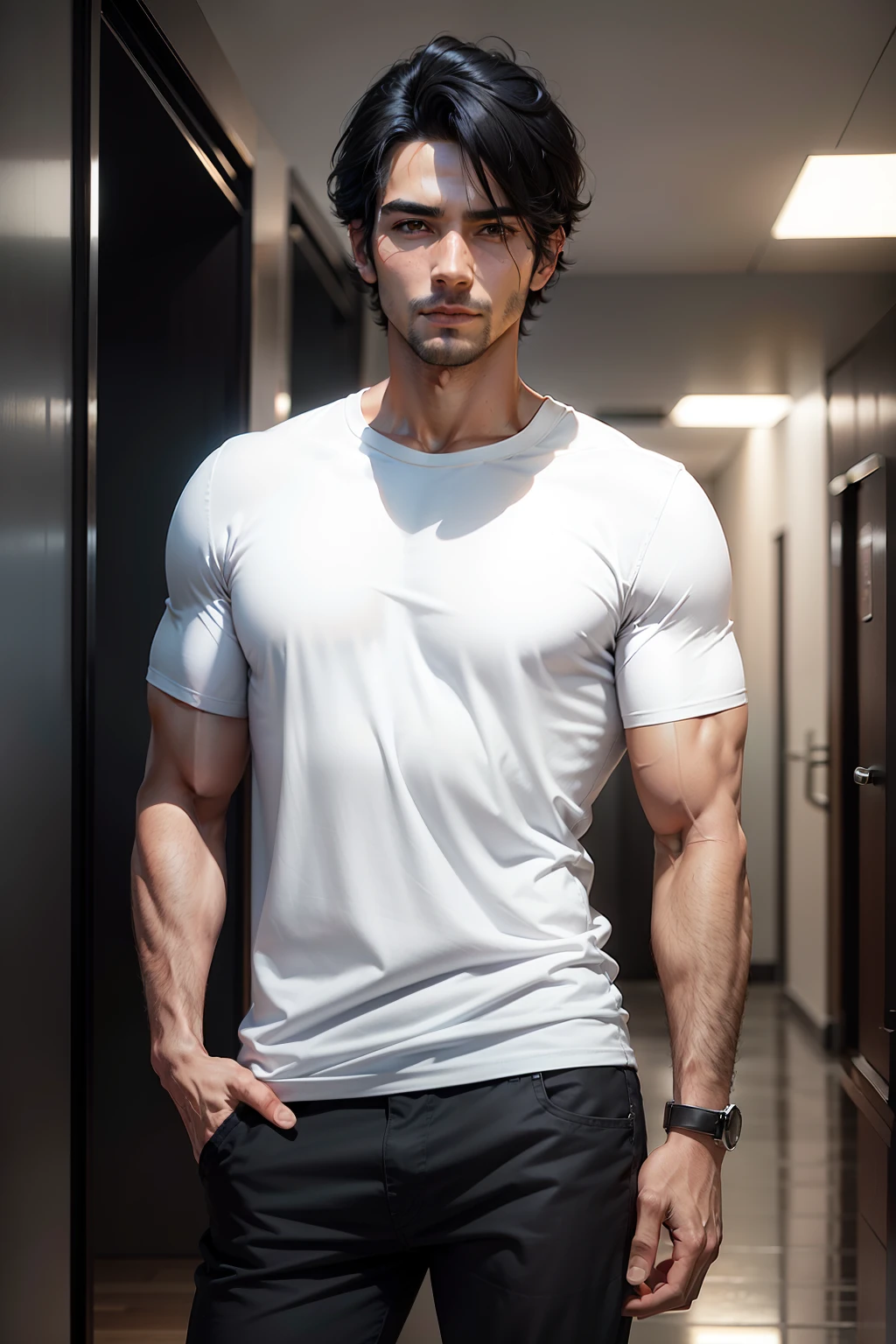 handsome male in his 30s with black hair wearing casual clothes, standing tall, and looking directly at the camera, eye level view, (dynamic image), (best quality)