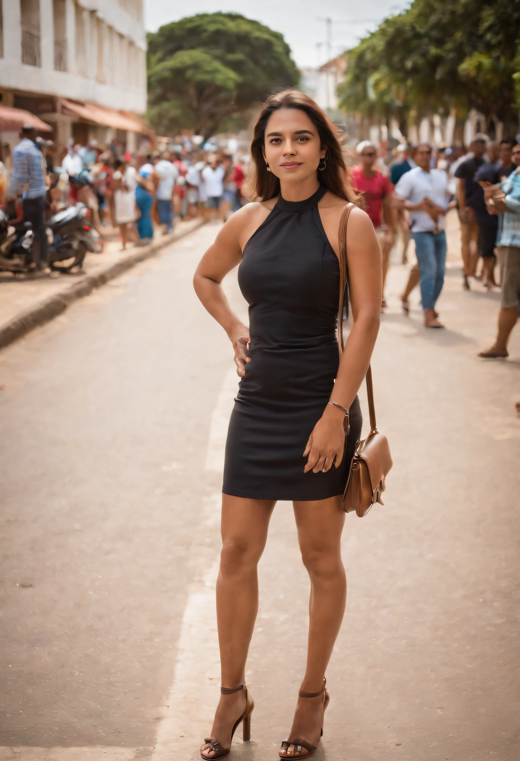 Here's a prompt for imaging of a law student standing walking the streets of Fortaleza:
Uma jovem mulher, de cerca de 25 anos, is standing on the sidewalk of a busy street in Fortaleza. She's wearing a black suit and tie., and is carrying a leather bag. she's looking down, concentrada em seus pensamentos.
The street is full of people, carros e motos. the sun is shining, and the air is full of music and noise.
The woman is about to start her first day of school at the Law School of the Federal University of Ceará. she's nervous, but also lively. She knows this is a unique opportunity for her to follow her passion for justice.
The image should capture the sense of anticipation and excitement the woman is feeling. Ela deve parecer confiante e determinada, but also a little nervous. The scenery of the busy street of Fortaleza should give a sense of realism and dynamism to the image.
