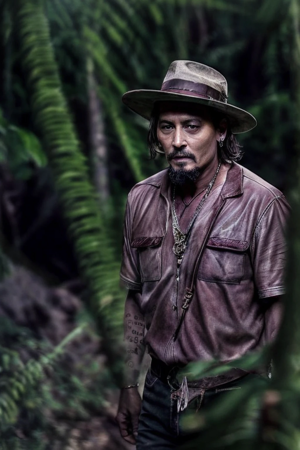 master part, Johnny Depp walking through the jungle at night (Noite entre vagalumes), (High detail:1 1), rough face, pele natural, alta qualidade, NSFW, Olhos bonitos, (rosto e olhos detalhados), (rosto: 1 2), noise, foto real, lamp film photography, foco nítido, contrast lighting, pele detalhada, high res 8k, Detalhe louco, Realistic, fotografia profissional, 8k UHD, SLR camera, soft lighting, alta qualidade, filmic grain, Fujifilm XT3, 50 millimeters,