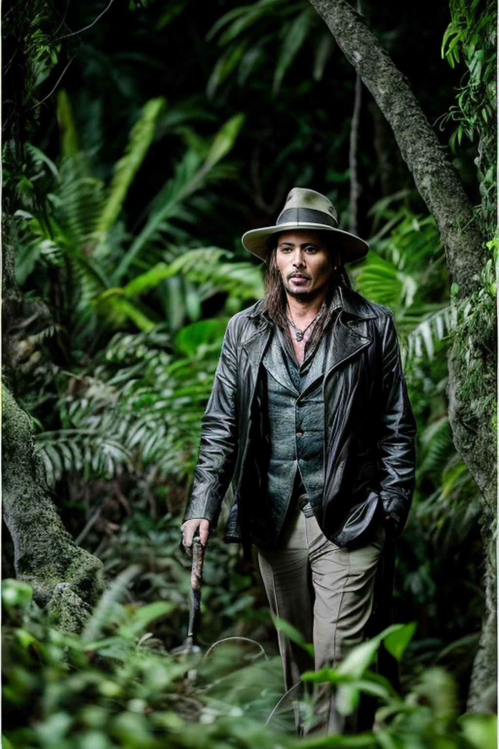 master part, Johnny Depp walking through the jungle at night (Noite entre vagalumes), (High detail:1 1), rough face, pele natural, alta qualidade, NSFW, Olhos bonitos, (rosto e olhos detalhados), (rosto: 1 2), noise, foto real, lamp film photography, foco nítido, contrast lighting, pele detalhada, high res 8k, Detalhe louco, Realistic, fotografia profissional, 8k UHD, SLR camera, soft lighting, alta qualidade, filmic grain, Fujifilm XT3, 50 millimeters,