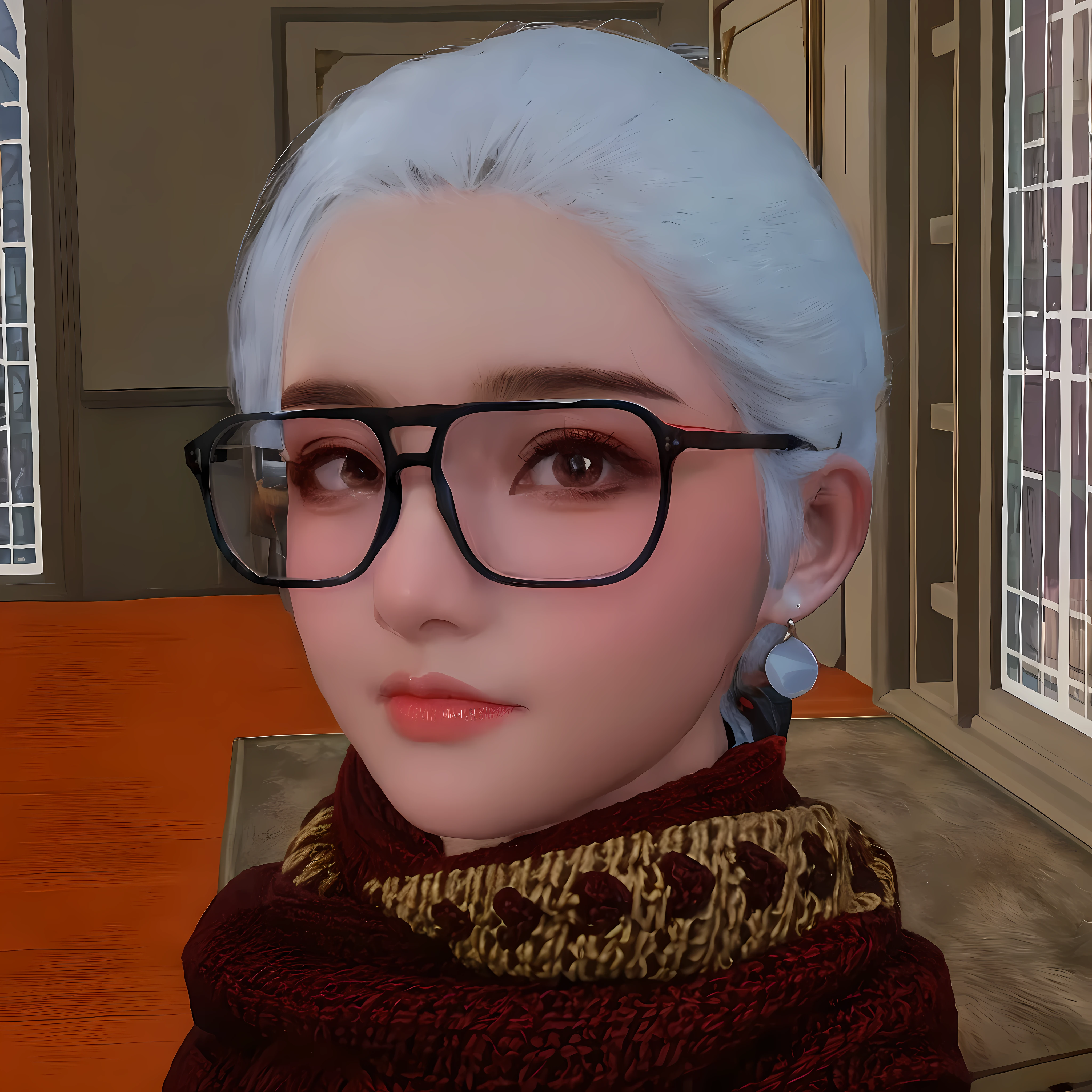 there is a woman with glasses and a scarf in a room, inspired by Sim Sa-jeong, detailed realistic face, thick glasses, with square glasses, [ 4 k photorealism ]!!, kawaii realistic portrait, accurate detailed face, [ 4 k photorealism ]!!!, realistic restored face, with very highly detailed face, realistic portrait, with glasses