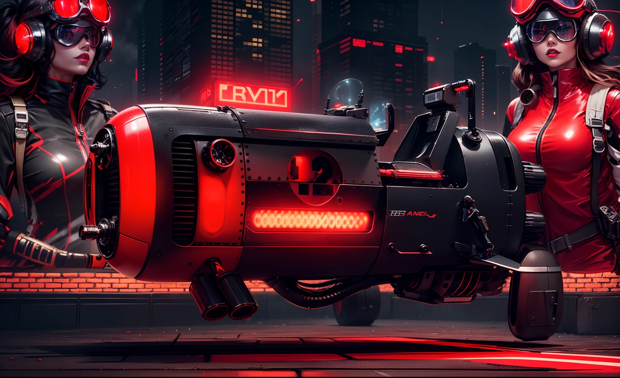 A metallic black hover machine with red accents is standing floating in the foreground, Behind a brick wall is a beautiful female pilot with all her flying apparatus and on the other side a beautiful female hover pilot with red lipstick and a helmet and goggles to fly, ao fundo, the buildings of a futuristic city of Tokyo at night with neon lights and the moon shining in the sky