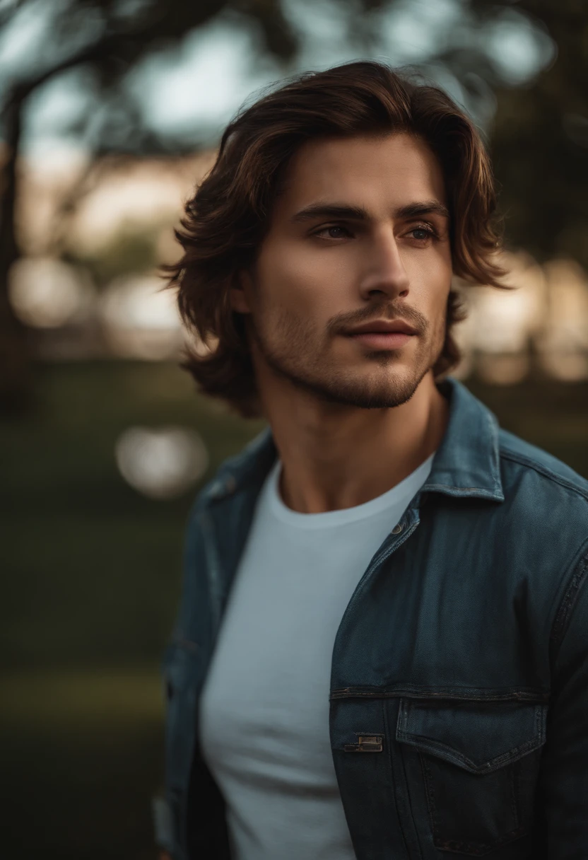 Handsome men 20-30 years old, en el parque, mullet, brown hair, Mirando al frente, cerrar, Satellite image, backlite lighting, hiper HD, alta calidad, La mejor calidad, A high resolution, 8k, 16k