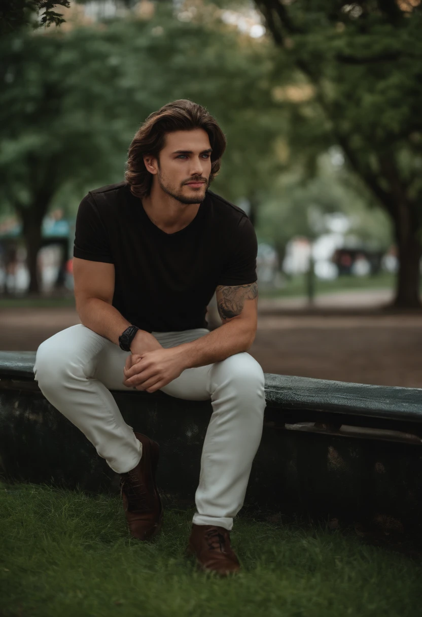 Handsome men 20-30 years old, en el parque, mullet, brown hair, Mirando al frente, cerrar, Satellite image, backlite lighting, hiper HD, alta calidad, La mejor calidad, A high resolution, 8k, 16k