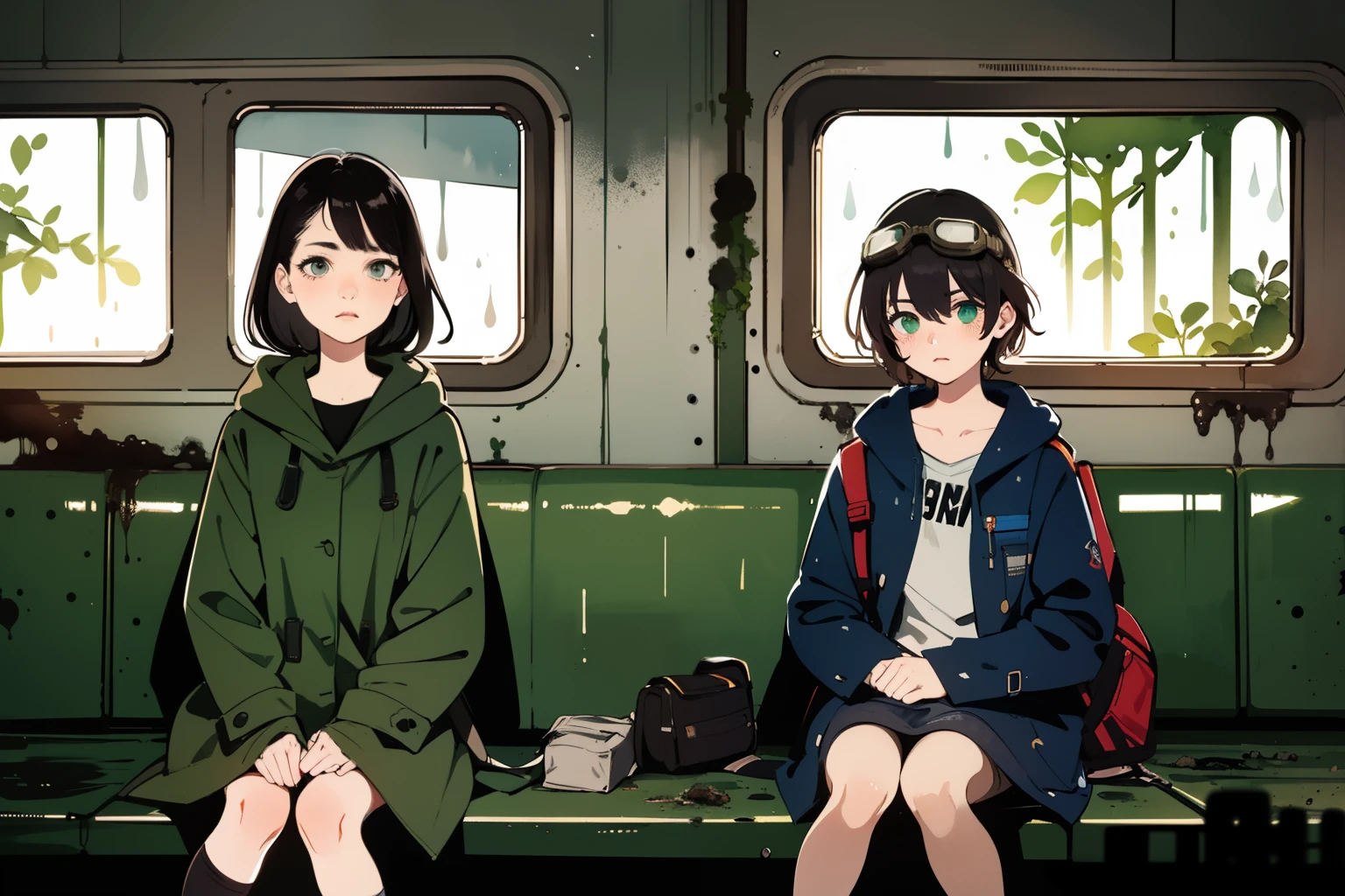 masterpiece, best quality, (sitting inside the abandoned train:1.2), rusty, dirty, moss, (2girls), closeup, 18yo teen, slim, small breast, serious, tired, dirty face, green raincoat, goggles on head, (backpacks), heavy rain, downpour, grey, desolate, rain, dark, watercolor