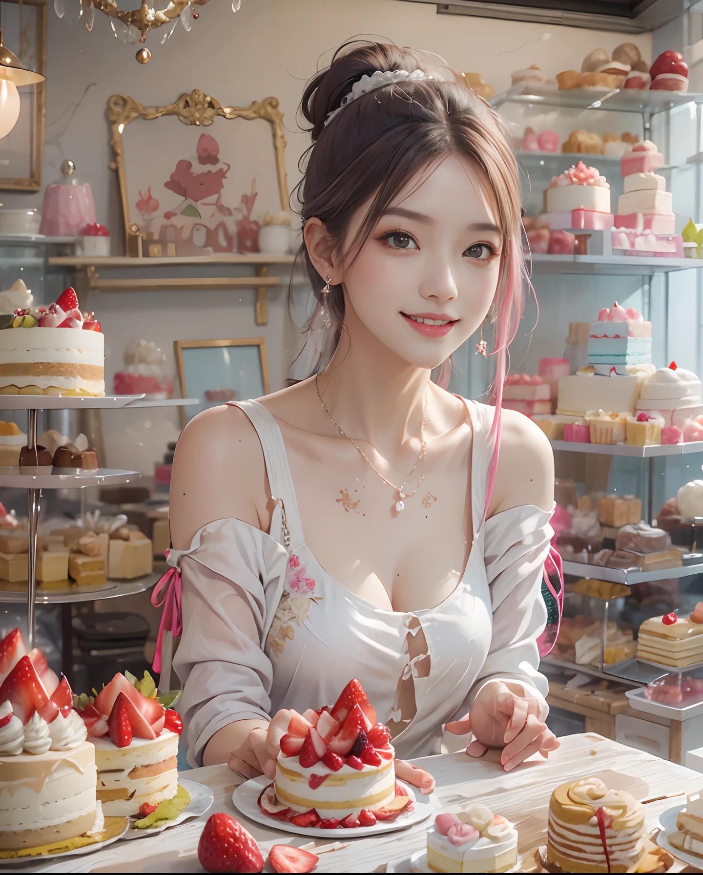 masutepiece、hight resolution、Cake shop、Cake craftsman、30-year-old girl、Smiling at the camera、Finish as shown in the photo、the skin is white and beautiful、inner colored、Hair should be tied back、A slender、Strawberry Earrings、