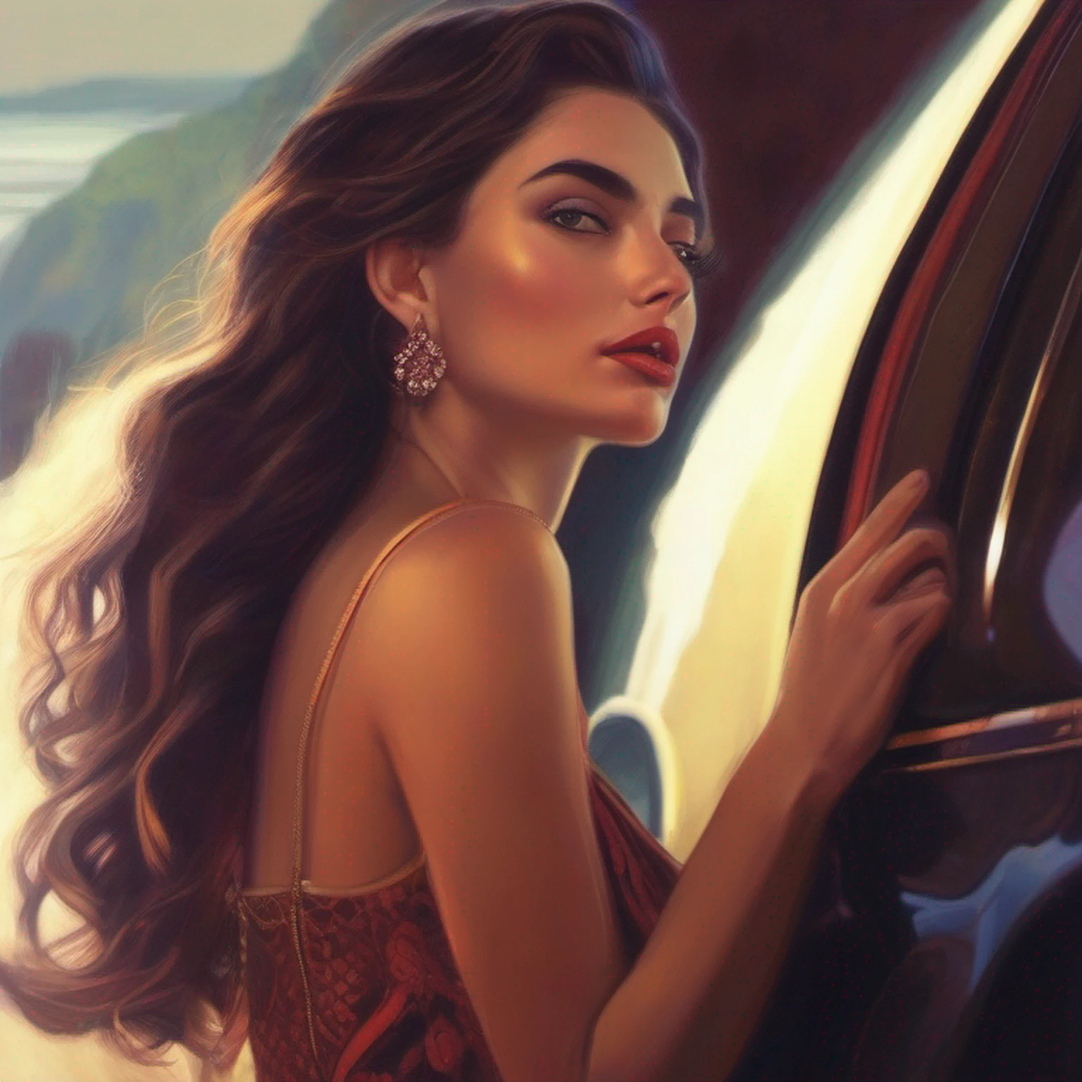 (obra-prima, melhor qualidade),1 jovem morena com cabelos claros sentada em uma Ferrari vermelha, the hand under his chin, warm lighting, vestido curto, close-up desfocado