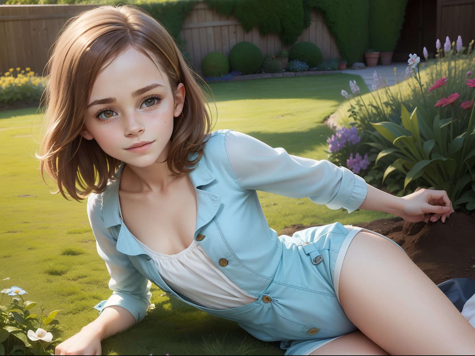 ten Emma Watson wearing a playsuit in the garden, small bust, small chest, cute smile