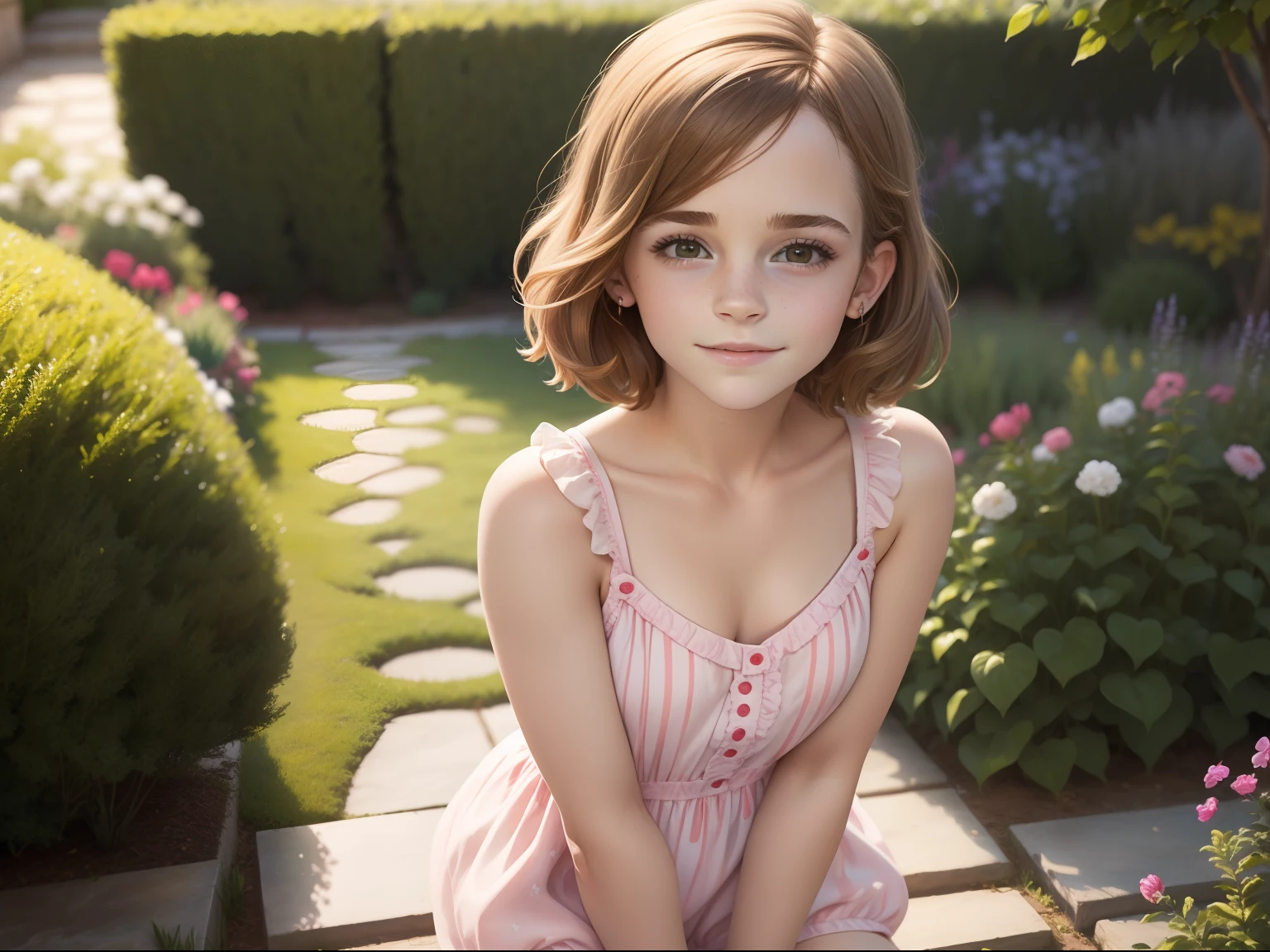 ten Emma Watson wearing a playsuit in the garden, small bust, small chest, cute smile
