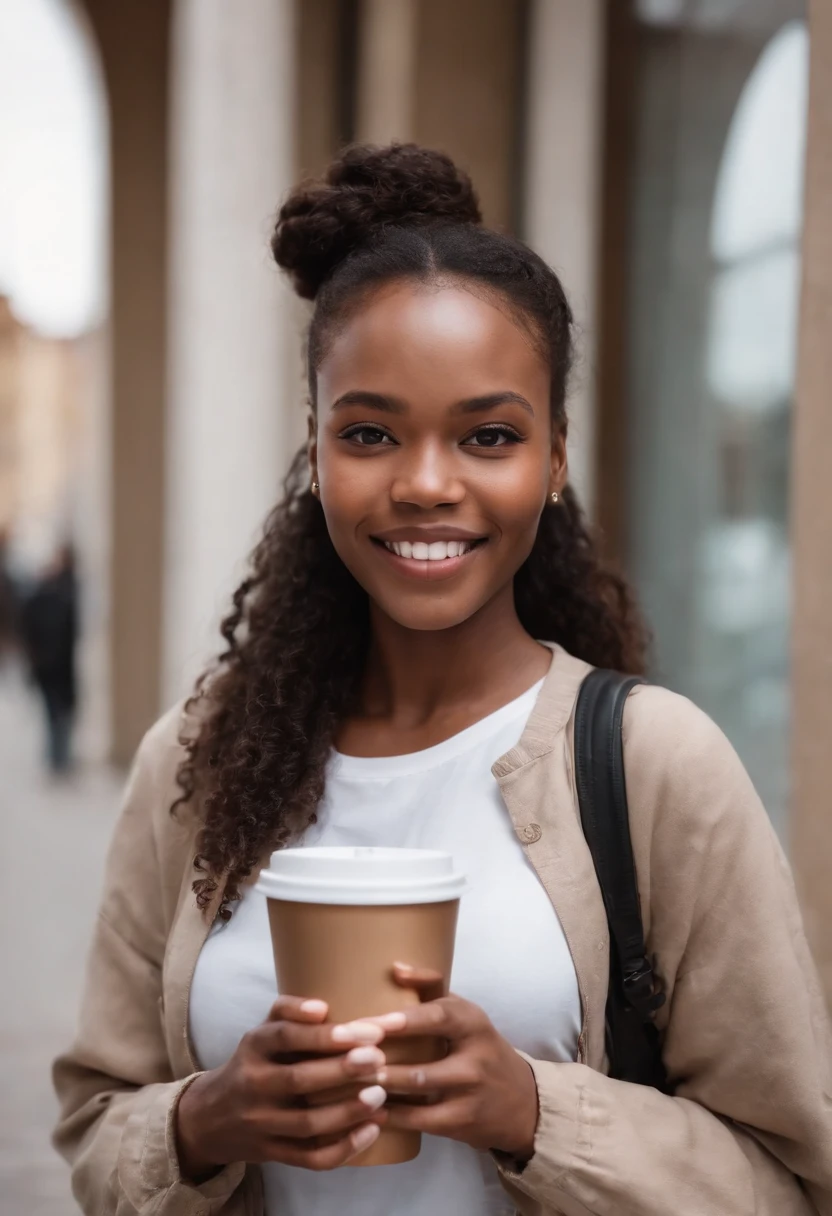 Free photo happy young African woman holding notebooks and coffee.