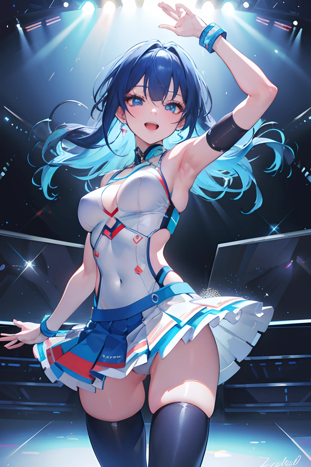 (best quality,4k,8k,highres,masterpiece:1.2),ultra-detailed,(realistic,photorealistic,photo-realistic:1.37),illustration,digital art,anime,singer,teenager,holographic stage,blue hair,vibrant colors,singing,happy expression,front view,dynamic pose,concert stage,lively audience,neon lights,glowing effects,high-energy performance,cheering and applauding,crowd in the background,sparkling microphone,loud music,stage smoke