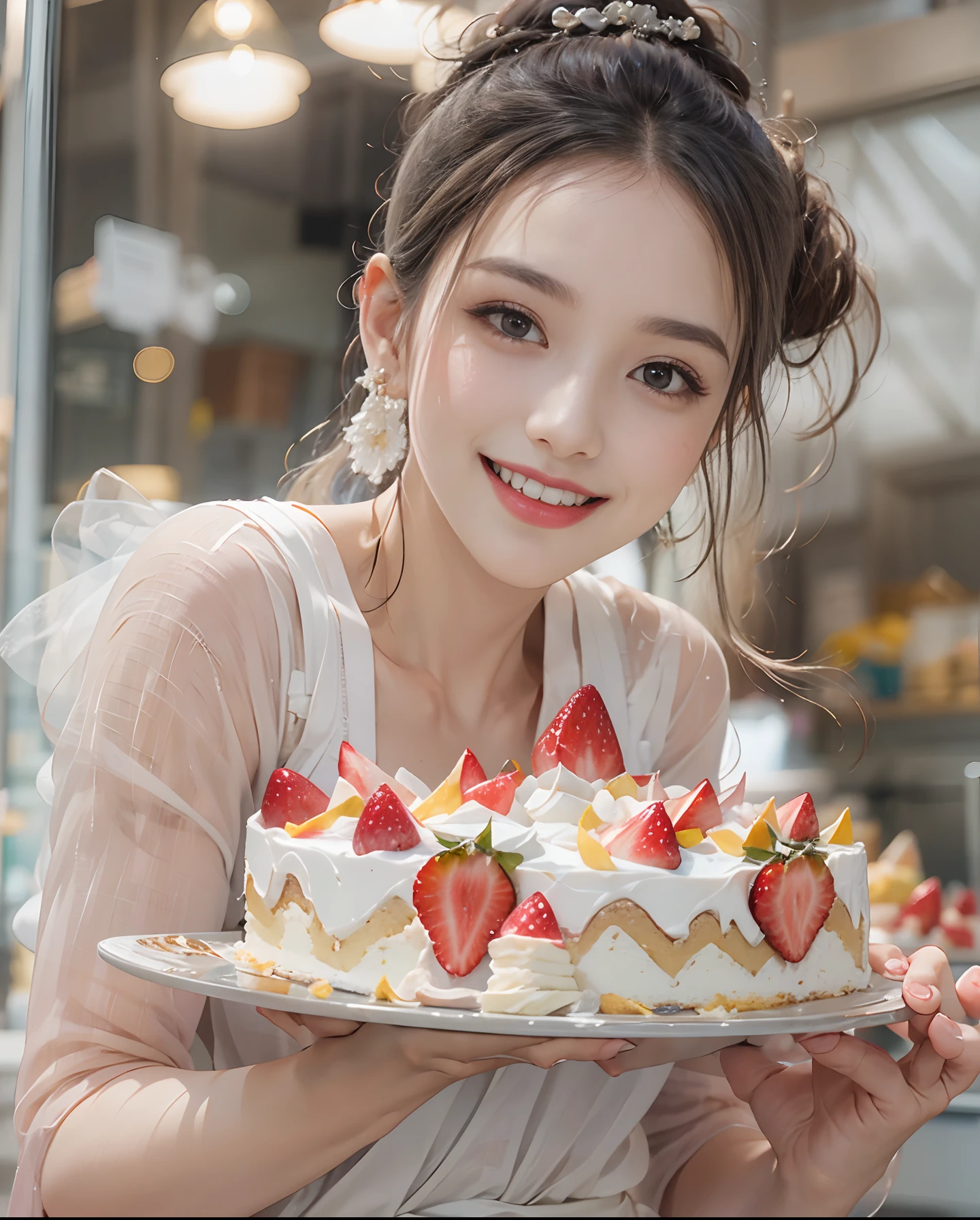 masutepiece、hight resolution、Cake shop、Cake craftsman、30-year-old girl、Smiling at the camera、Finish as shown in the photo、the skin is white and beautiful、inner colored、Hair should be tied back、A slender、Strawberry Earrings、