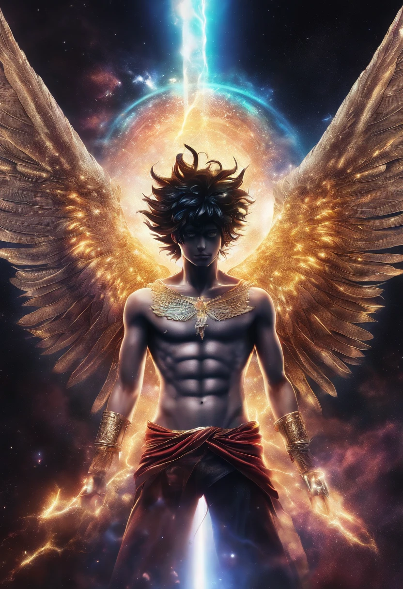 Cosmic Fallen Angel with luffy face from one piece, Ojos claros y brillantes, biomech, misterioso, horripilante, Pesadilla, colores muy brillantes, light particles, con luz brillante, Mshiff, Arte de papel pintado, Fondo de pantalla UHD
