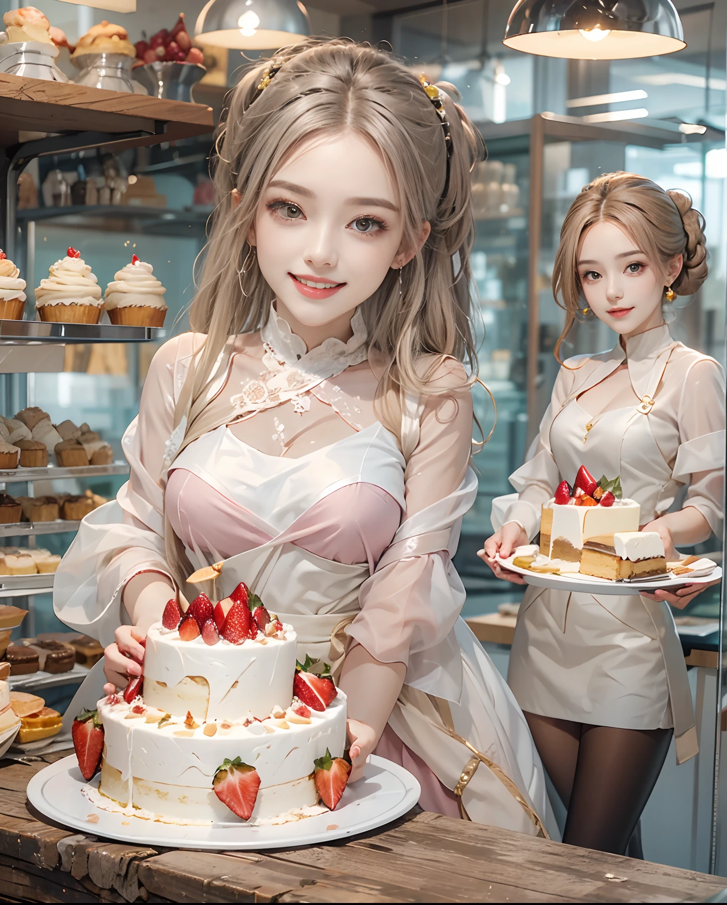 masutepiece、hight resolution、Cake shop、Cake craftsman、30-year-old girl、Smiling at the camera、Finish as shown in the photo、the skin is white and beautiful、inner colored、Hair should be tied back、A slender、Strawberry Earrings、