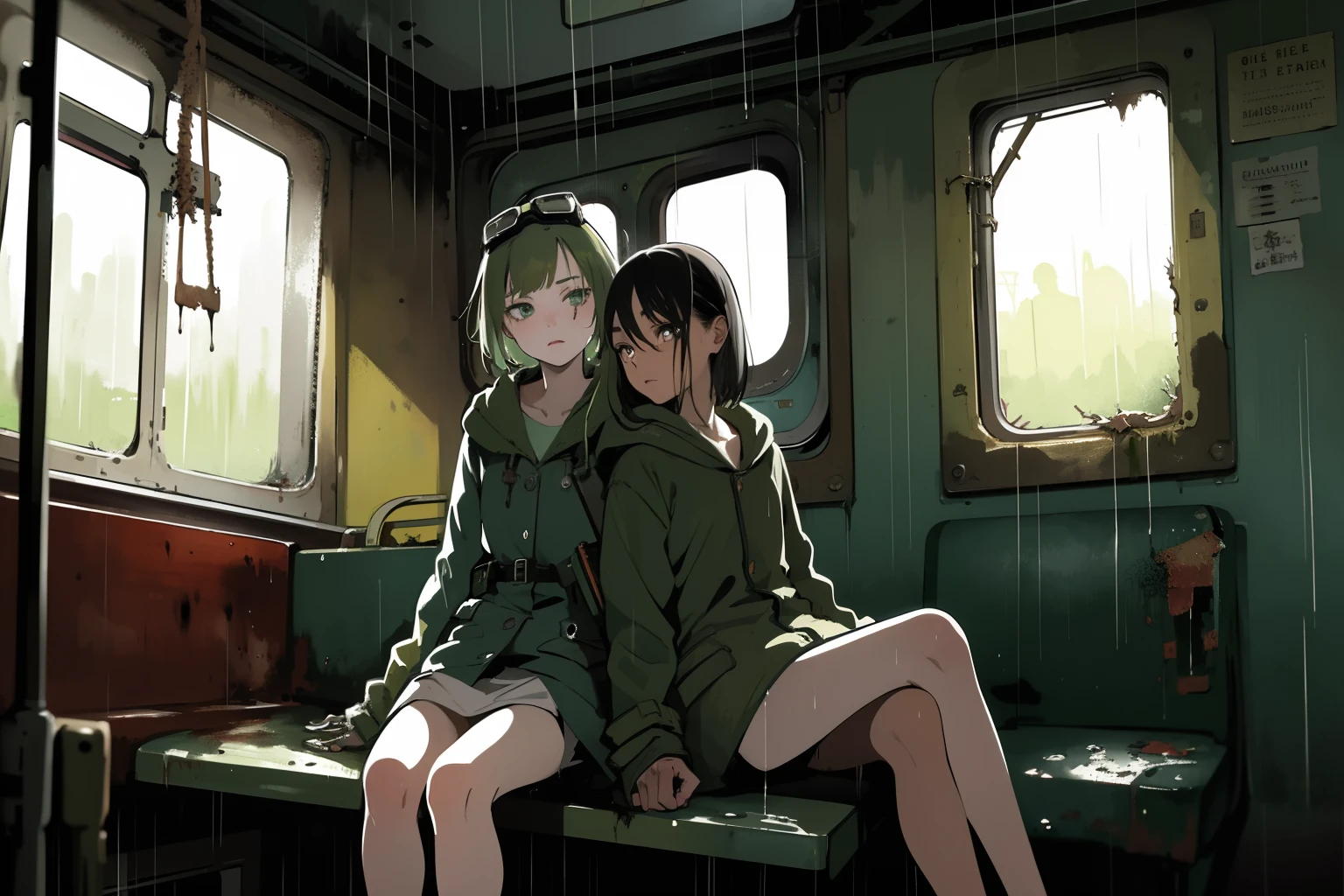 masterpiece, best quality, (sitting inside the abandoned train:1.2), rusty, dirty, moss, (2girls), closeup, 18yo , slim, small breast, serious, tired, dirty face, green raincoat, goggles on head, (backpacks), heavy rain, downpour,  grey, desolate, rain, dark, watercolor